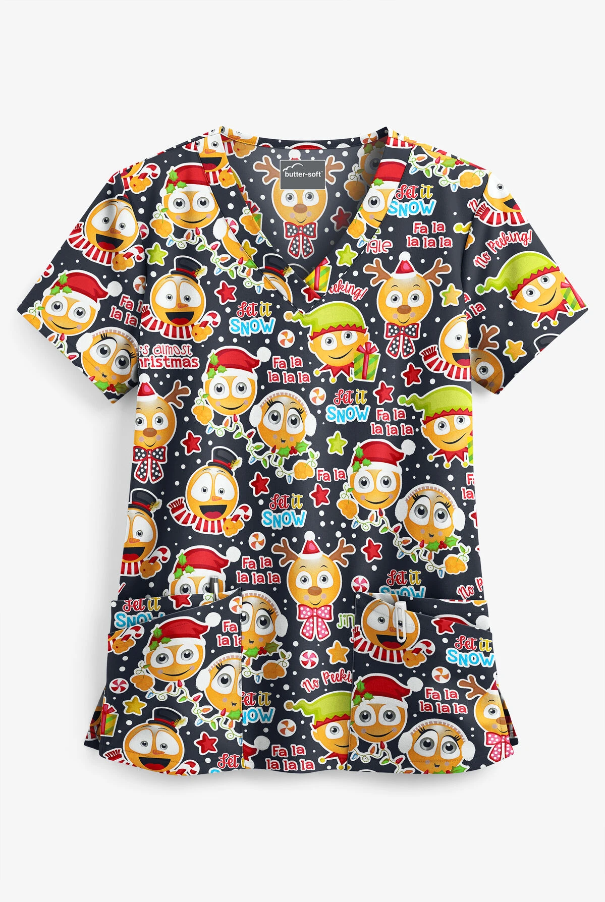 Butter-Soft Holiday Emoji Pewter Women's 4-Pocket Rounded V-Neck Print Scrub Top 3 Butter-Soft Holiday Emoji Pewter Women's 4-Pocket Rounded V-Neck Print Scrub Top