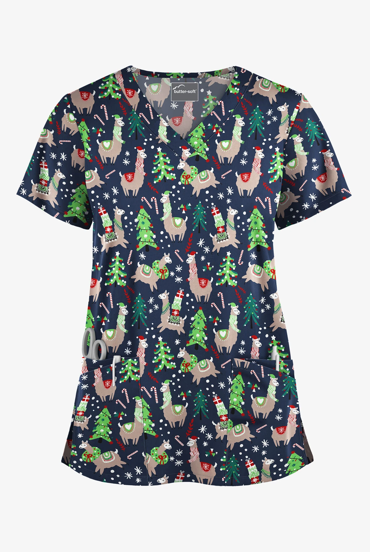 Butter-Soft Holiday Llamas Navy Women's 4-Pocket Rounded V-Neck Print Scrub Top 3 Butter-Soft Holiday Llamas Navy Women's 4-Pocket Rounded V-Neck Print Scrub Top