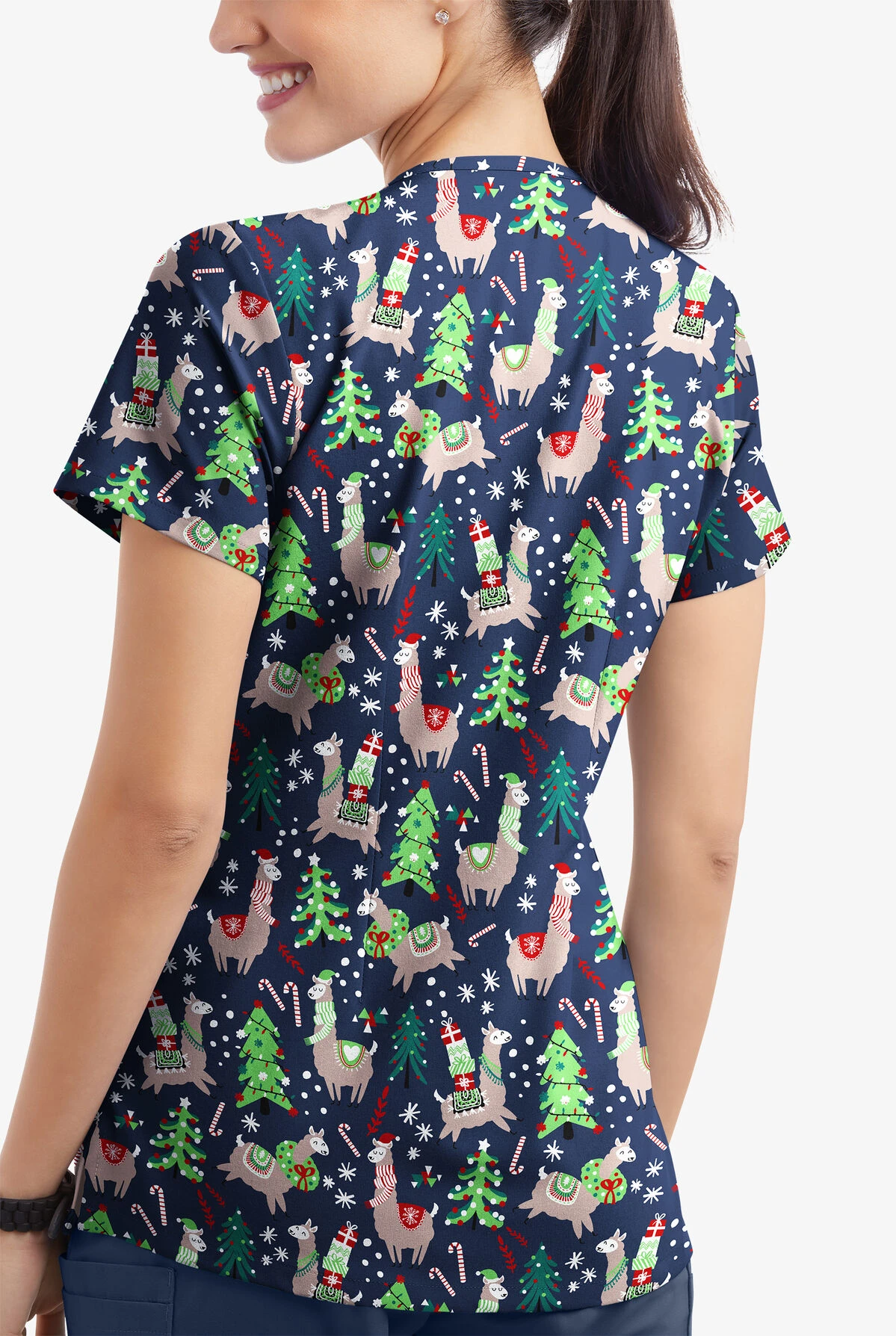 Butter-Soft Holiday Llamas Navy Women's 4-Pocket Rounded V-Neck Print Scrub Top 5 Butter-Soft Holiday Llamas Navy Women's 4-Pocket Rounded V-Neck Print Scrub Top - Image 3