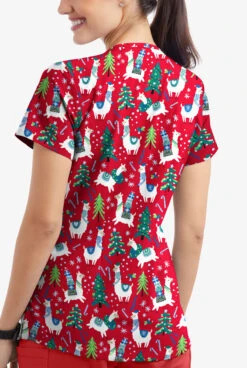 Butter-Soft Holiday Llamas Red Women's 4-Pocket Rounded V-Neck Print Scrub Top -Fashion Clothing TS697HLRD 3