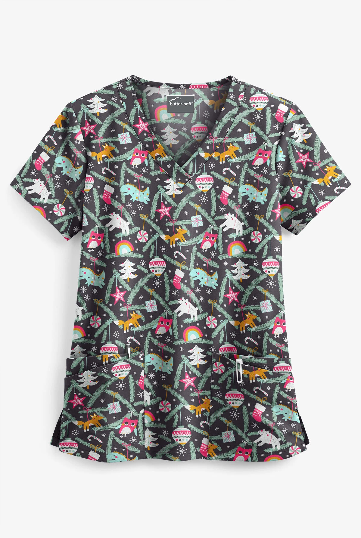 Butter-Soft Happy Ornaments Pewter Rounded Women's 4-Pocket V-Neck Print Scrub Top 3 Butter-Soft Happy Ornaments Pewter Rounded Women's 4-Pocket V-Neck Print Scrub Top