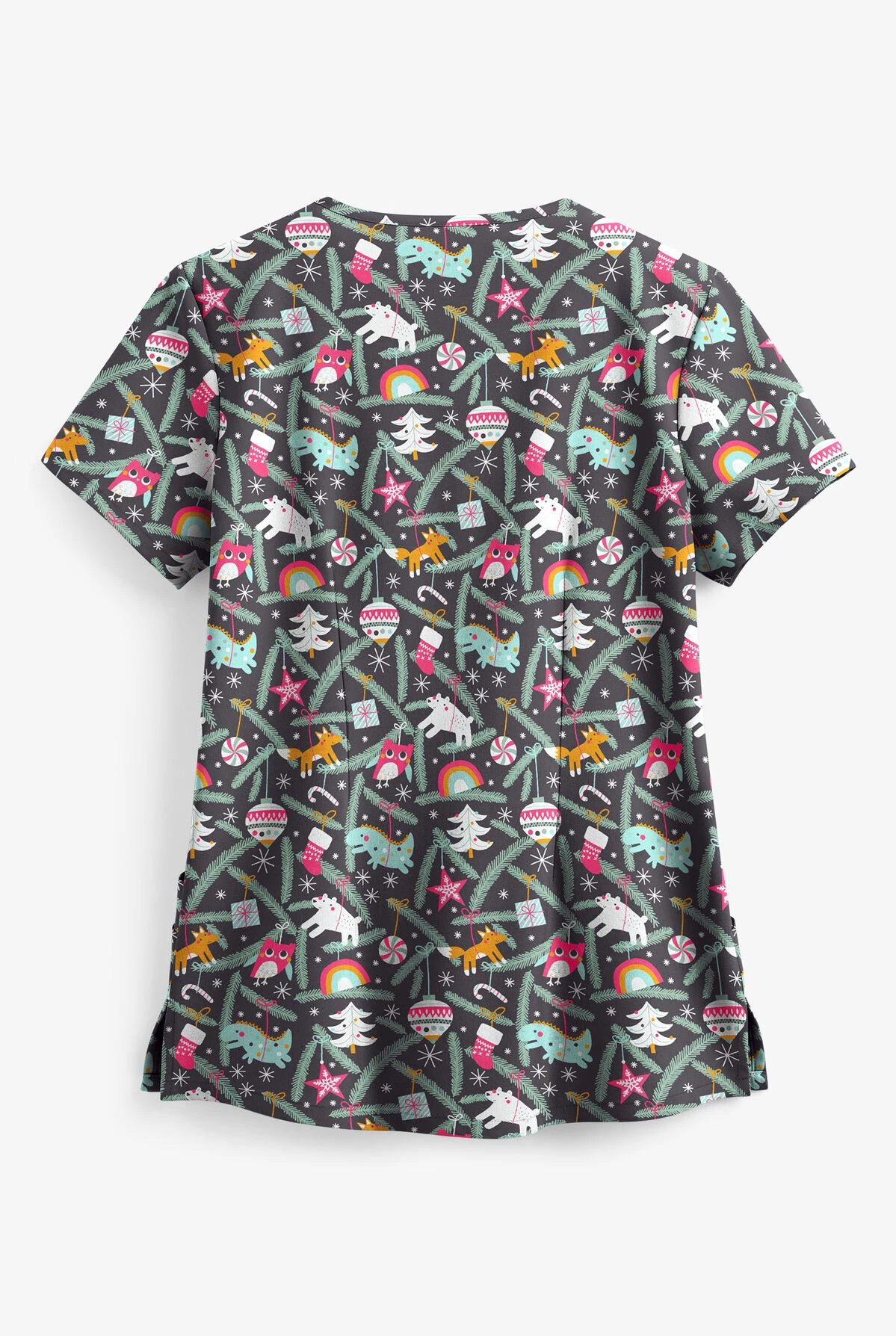 Butter-Soft Happy Ornaments Pewter Rounded Women's 4-Pocket V-Neck Print Scrub Top 4 Butter-Soft Happy Ornaments Pewter Rounded Women's 4-Pocket V-Neck Print Scrub Top - Image 2