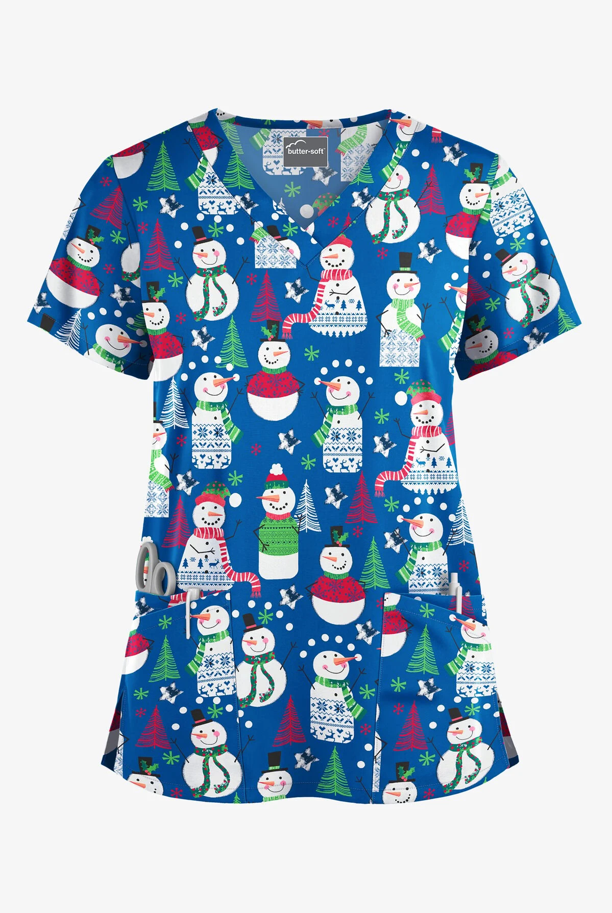 Butter-Soft Juggling Snowman Royal Women's 4-Pocket Rounded V-Neck Printed Scrub Top 3 Butter-Soft Juggling Snowman Royal Women's 4-Pocket Rounded V-Neck Printed Scrub Top