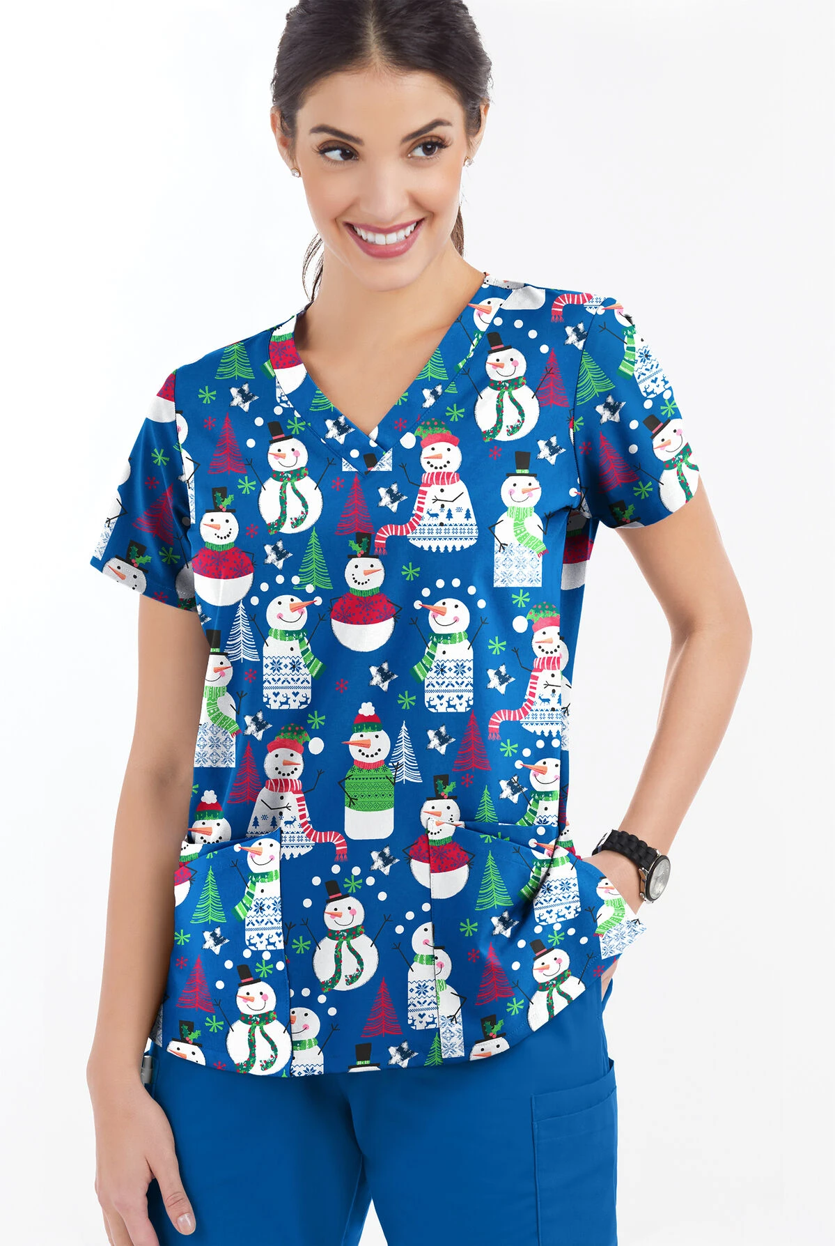 Butter-Soft Juggling Snowman Royal Women's 4-Pocket Rounded V-Neck Printed Scrub Top 4 Butter-Soft Juggling Snowman Royal Women's 4-Pocket Rounded V-Neck Printed Scrub Top - Image 2
