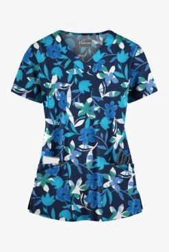 Butter-Soft Matisse Floral Navy Women's 4-Pocket Rounded V-Neck Printed Scrub Top
