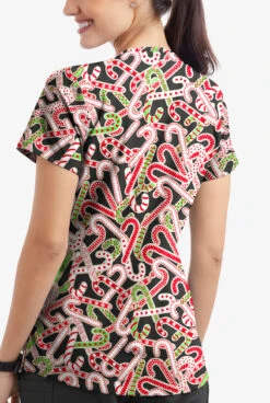 Butter-Soft Noel Candy Canes Women's 4-Pocket Rounded V-Neck Print Scrub Top -Fashion Clothing TS697NCBL 3