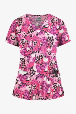 Butter-Soft Pink Ribbon Bouquet Women's 4-Pocket Rounded V-Neck Print Scrub Top