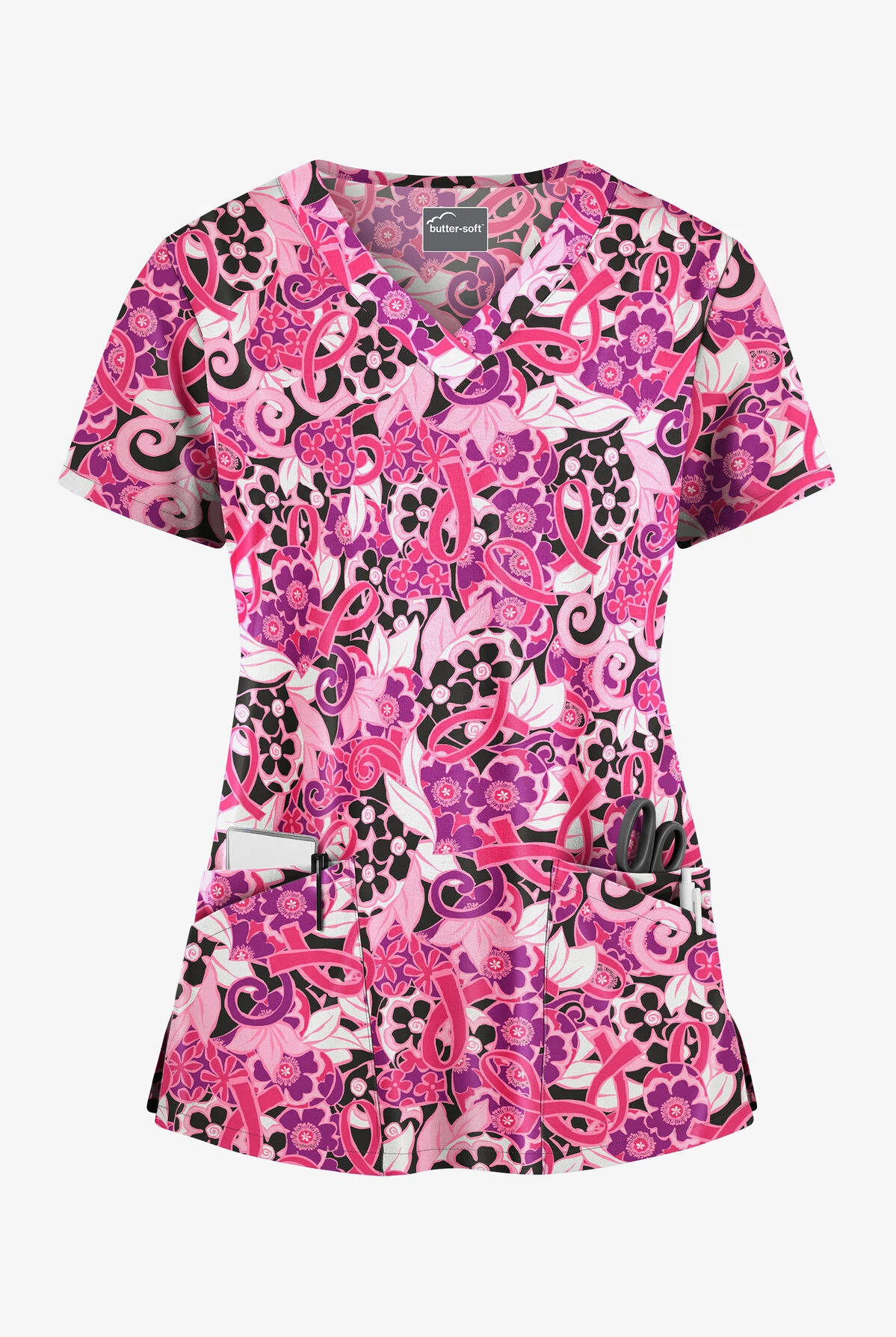 Butter-Soft Pink Ribbon Bouquet Women's 4-Pocket Rounded V-Neck Print Scrub Top 3 Butter-Soft Pink Ribbon Bouquet Women's 4-Pocket Rounded V-Neck Print Scrub Top