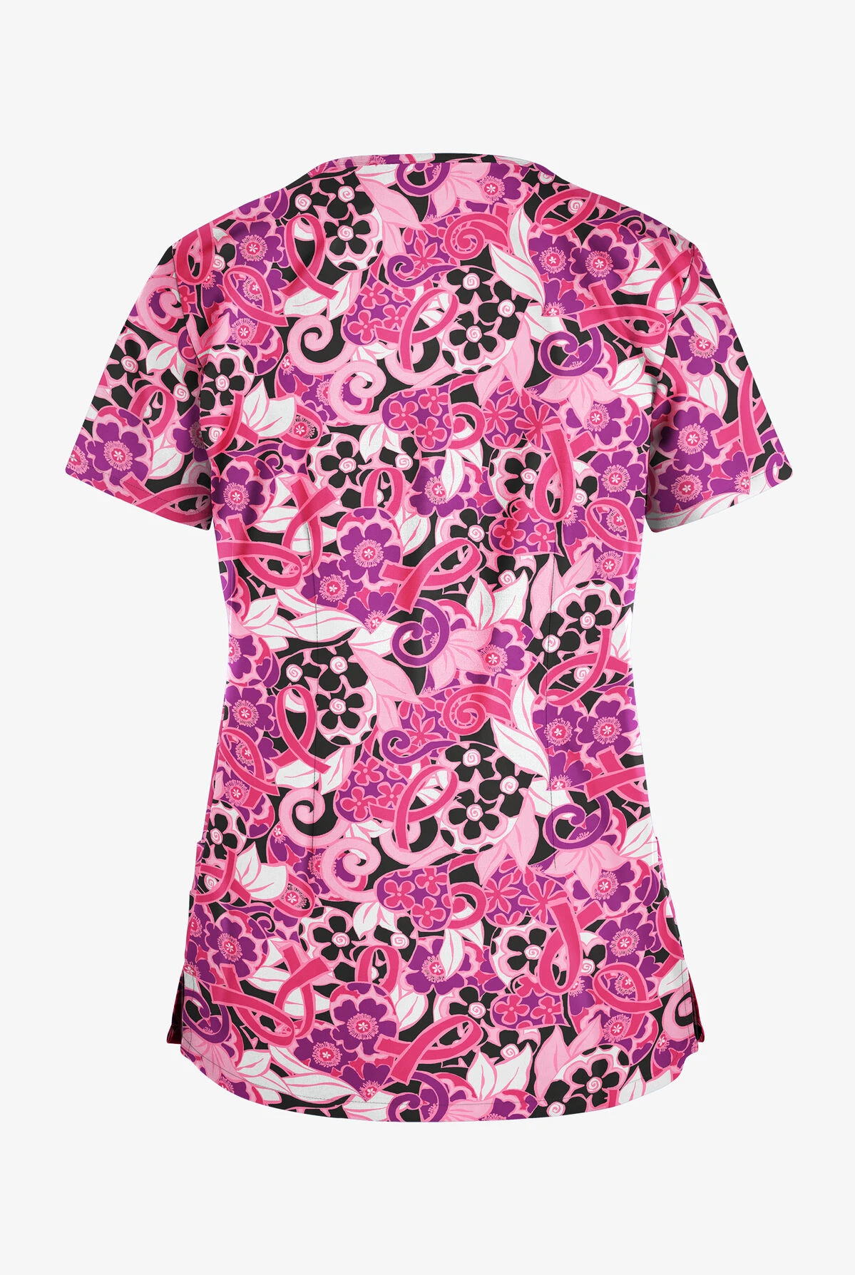 Butter-Soft Pink Ribbon Bouquet Women's 4-Pocket Rounded V-Neck Print Scrub Top 4 Butter-Soft Pink Ribbon Bouquet Women's 4-Pocket Rounded V-Neck Print Scrub Top - Image 2