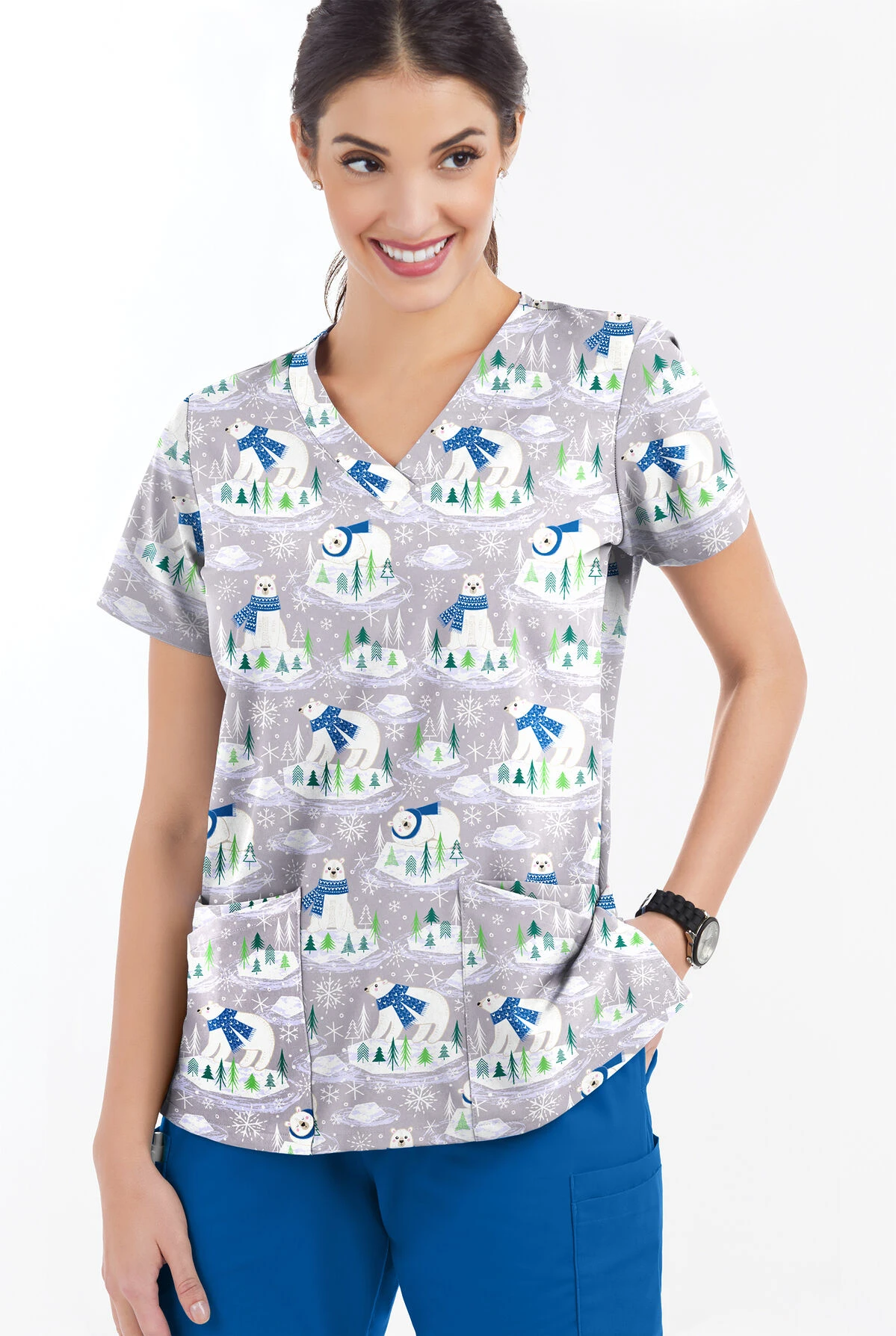 Butter-Soft Polar Holiday Silver Women's 4-Pocket Rounded V-Neck Printed Scrub Top 4 Butter-Soft Polar Holiday Silver Women's 4-Pocket Rounded V-Neck Printed Scrub Top - Image 2