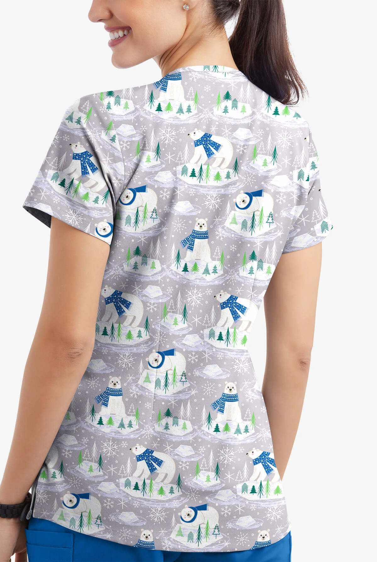 Butter-Soft Polar Holiday Silver Women's 4-Pocket Rounded V-Neck Printed Scrub Top 5 Butter-Soft Polar Holiday Silver Women's 4-Pocket Rounded V-Neck Printed Scrub Top - Image 3