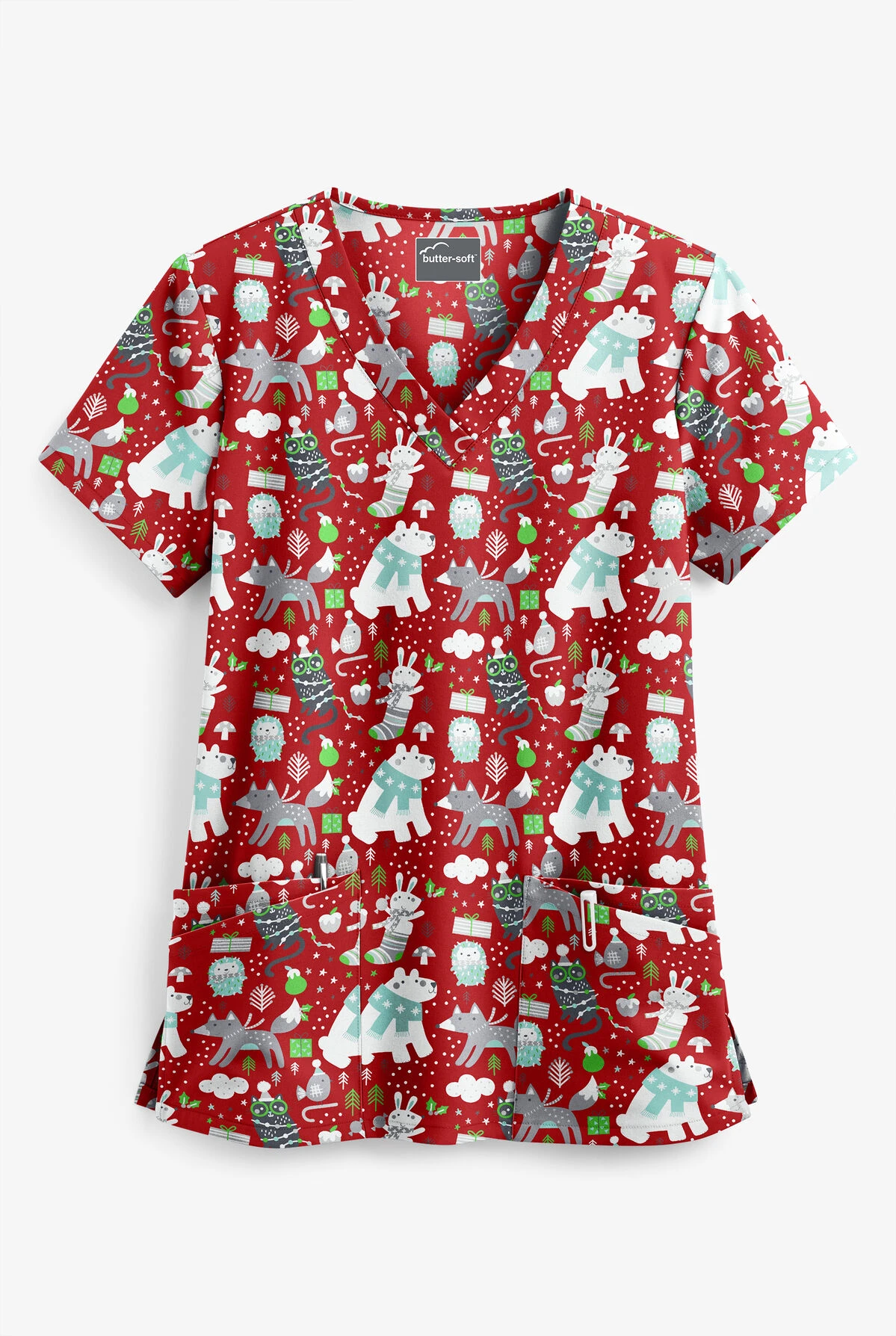 Butter-Soft Winter Pals Red Women's 4-Pocket Rounded V-Neck Print Scrub Top 3 Butter-Soft Winter Pals Red Women's 4-Pocket Rounded V-Neck Print Scrub Top