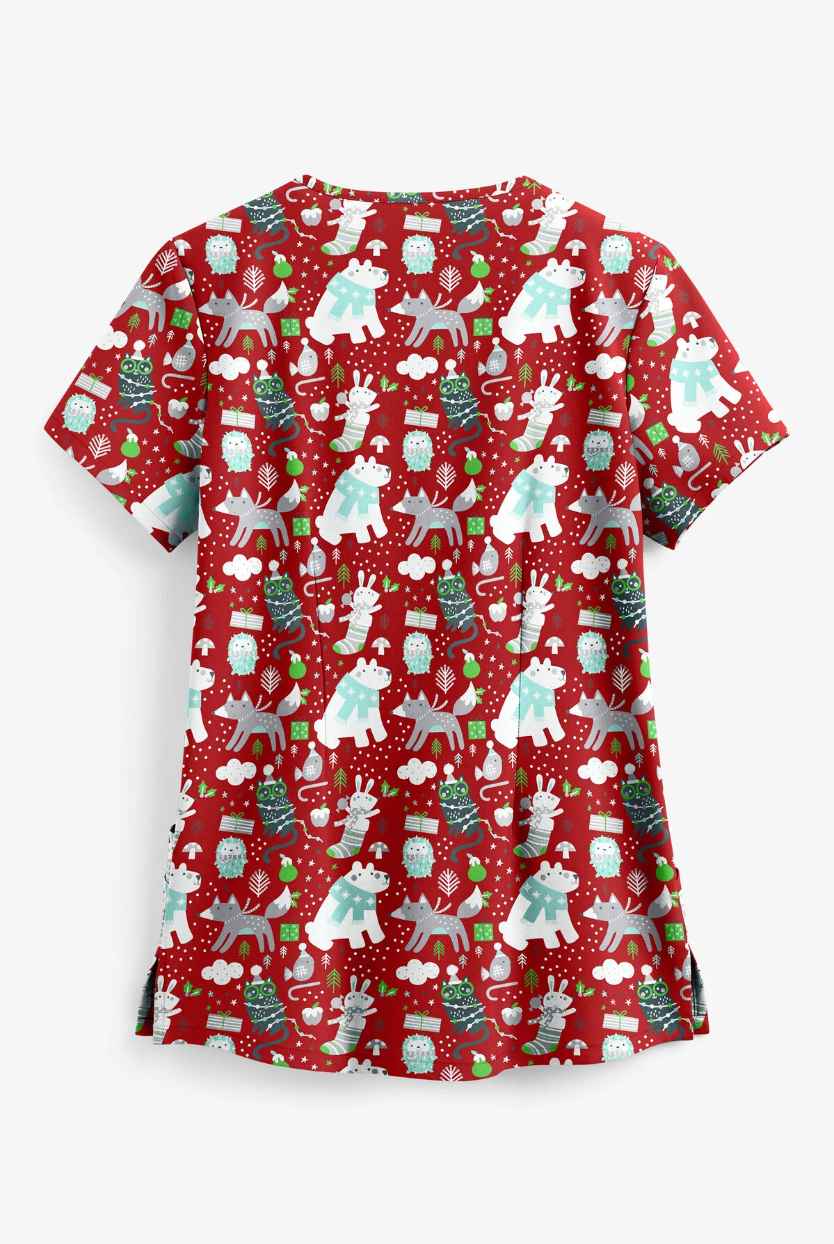 Butter-Soft Winter Pals Red Women's 4-Pocket Rounded V-Neck Print Scrub Top 4 Butter-Soft Winter Pals Red Women's 4-Pocket Rounded V-Neck Print Scrub Top - Image 2