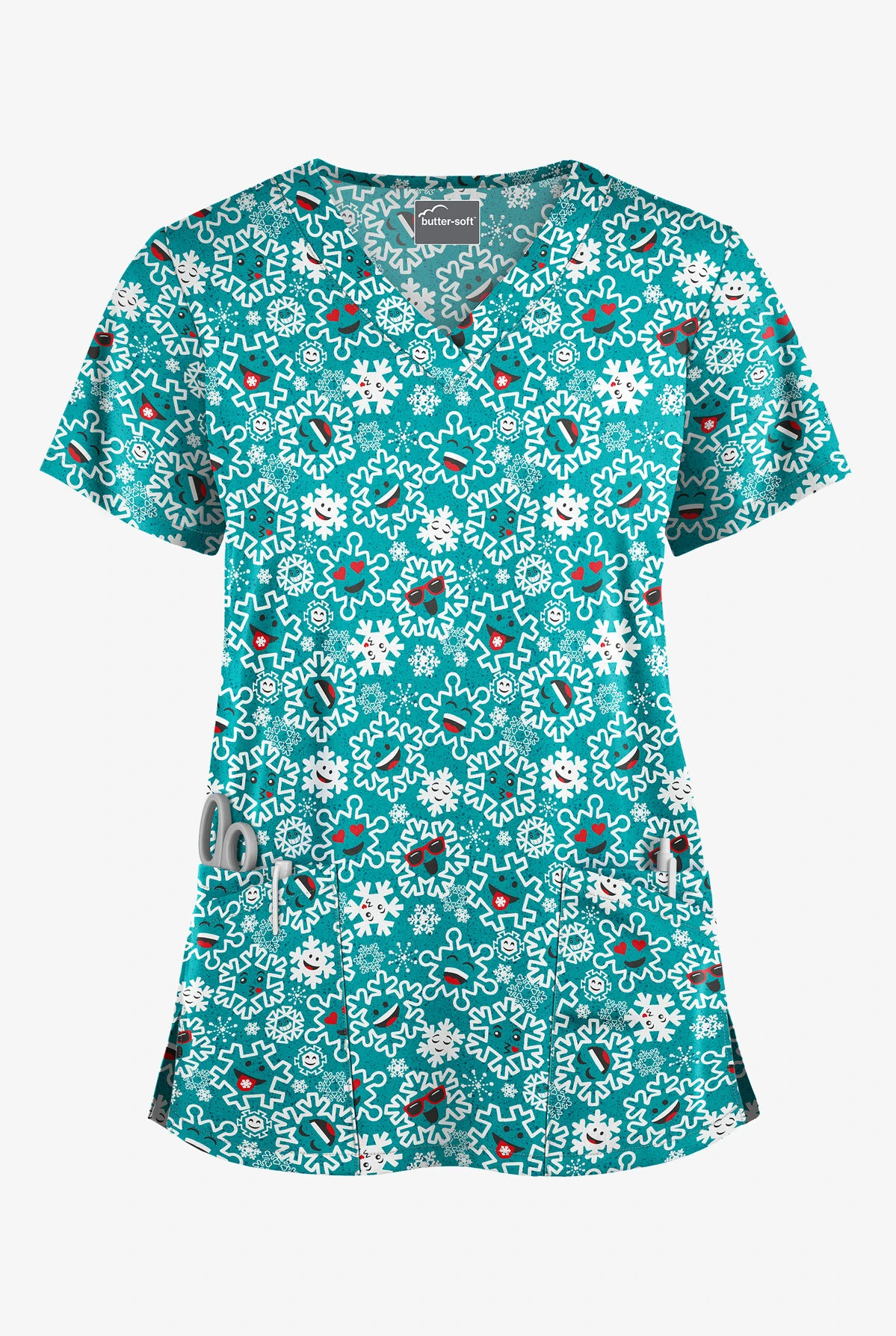 Butter-Soft Smiling Snowflakes Teal Women's 4-Pocket Rounded V-Neck Print Scrub Top 3 Butter-Soft Smiling Snowflakes Teal Women's 4-Pocket Rounded V-Neck Print Scrub Top