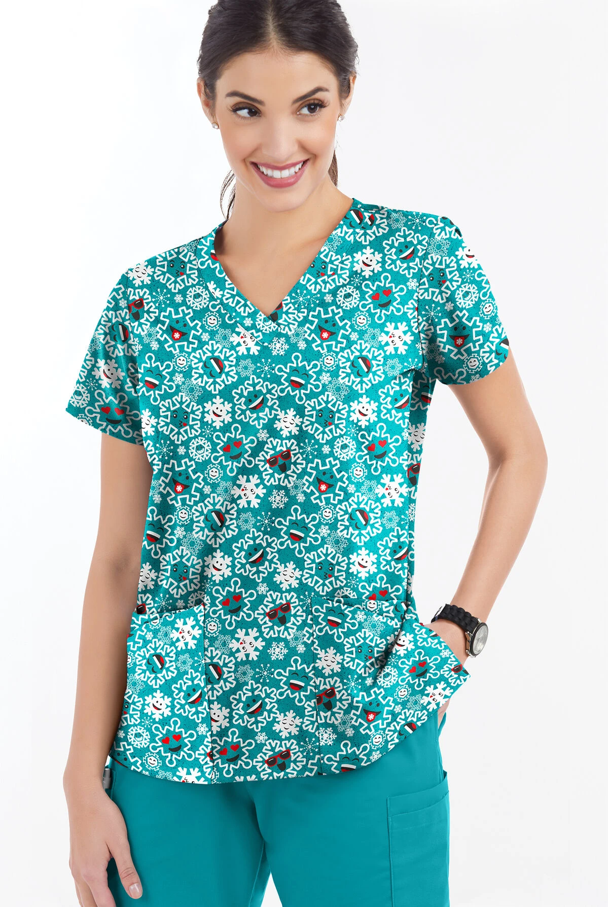 Butter-Soft Smiling Snowflakes Teal Women's 4-Pocket Rounded V-Neck Print Scrub Top 4 Butter-Soft Smiling Snowflakes Teal Women's 4-Pocket Rounded V-Neck Print Scrub Top - Image 2