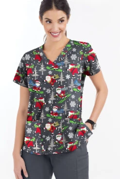 Butter-Soft Santa On Vacation Pewter Women's 4-Pocket Rounded V-Neck Print Scrub Top -Fashion Clothing TS697SVPW 2