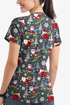 Butter-Soft Santa On Vacation Pewter Women's 4-Pocket Rounded V-Neck Print Scrub Top -Fashion Clothing TS697SVPW 3