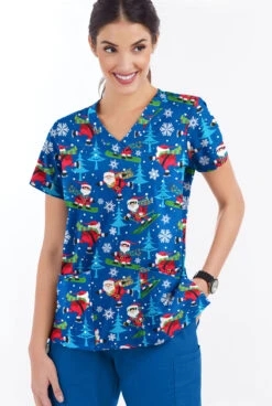 Butter-Soft Santa On Vacation Royal Women's 4-Pocket Rounded V-Neck Printed Scrub Top -Fashion Clothing TS697SVRL 2