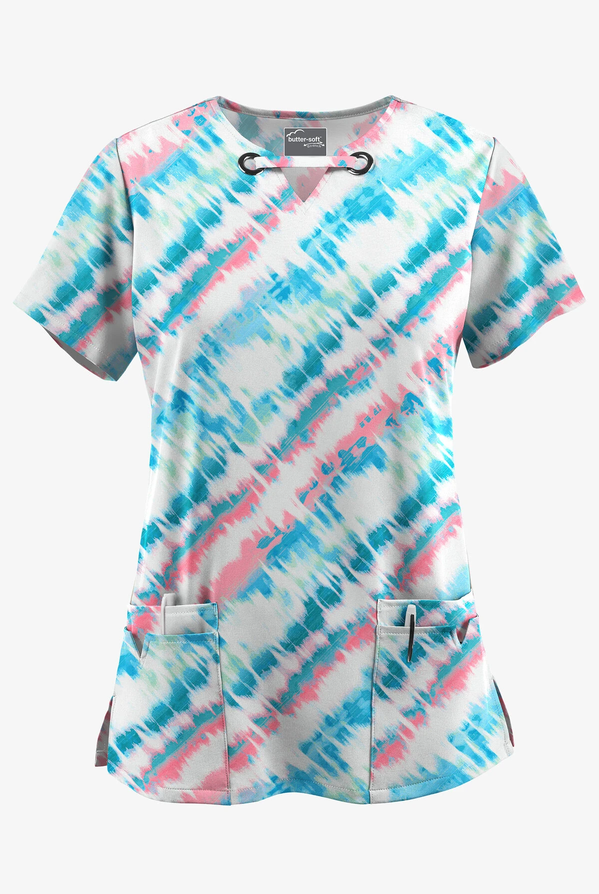 UA Butter-Soft STRETCH Belize Ikat Women's 4-Pocket Grommet Printed Scrub Top 3 UA Butter-Soft STRETCH Belize Ikat Women's 4-Pocket Grommet Printed Scrub Top