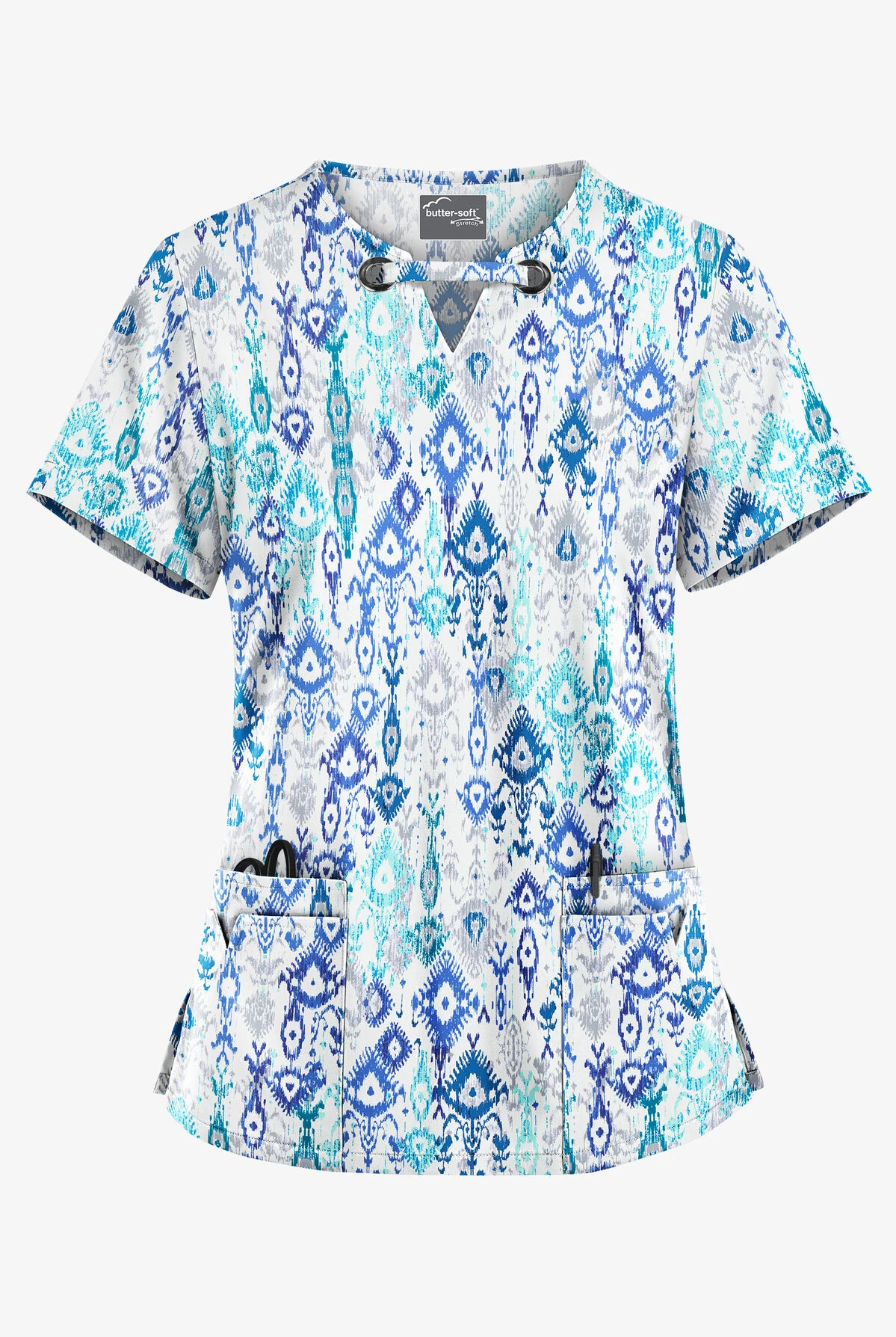 UA Butter-Soft STRETCH Cascading Ikat Amparo Blue Women's 4-Pocket Large Grommet Print Scrub Top 3 UA Butter-Soft STRETCH Cascading Ikat Amparo Blue Women's 4-Pocket Large Grommet Print Scrub Top