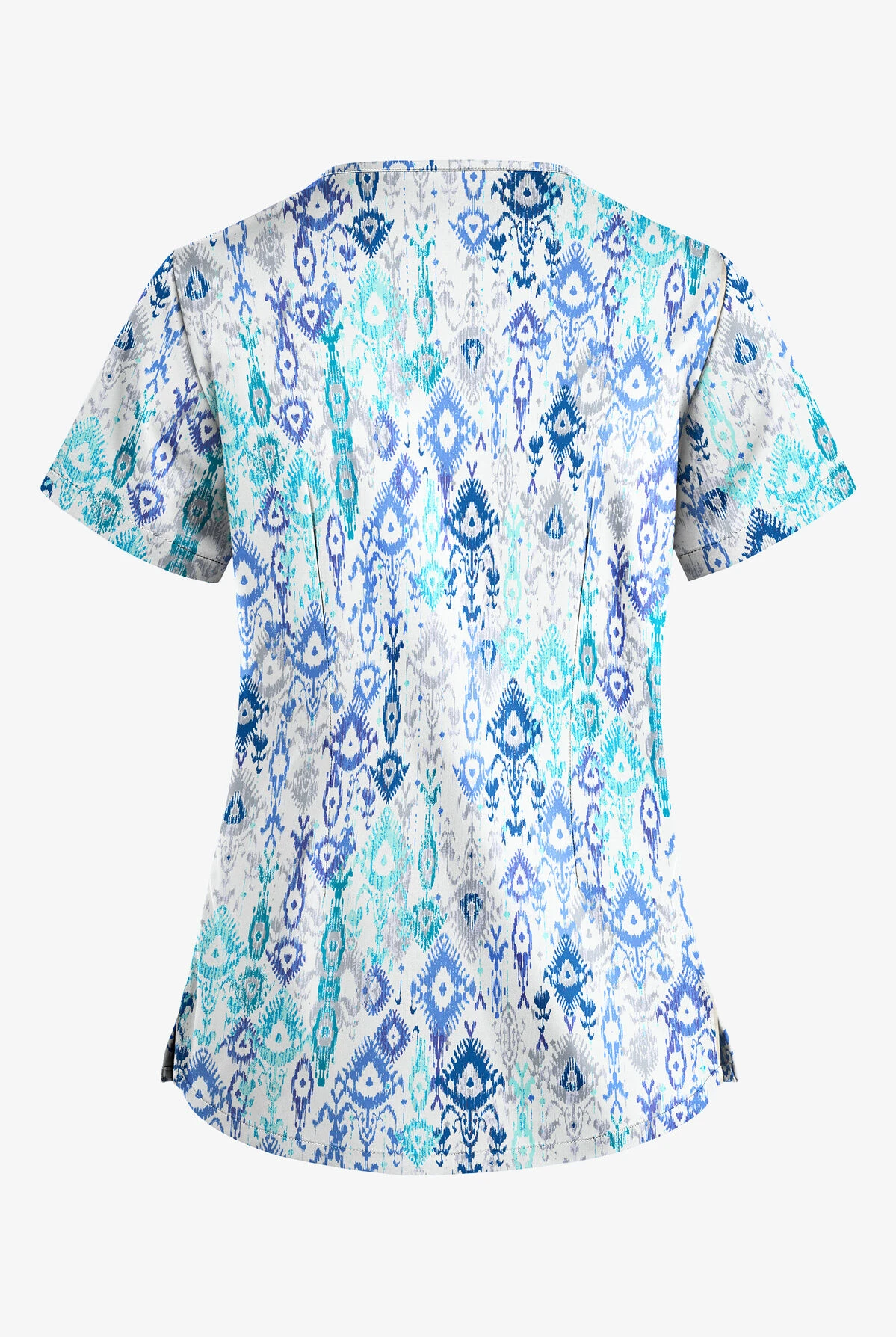 UA Butter-Soft STRETCH Cascading Ikat Amparo Blue Women's 4-Pocket Large Grommet Print Scrub Top 4 UA Butter-Soft STRETCH Cascading Ikat Amparo Blue Women's 4-Pocket Large Grommet Print Scrub Top - Image 2