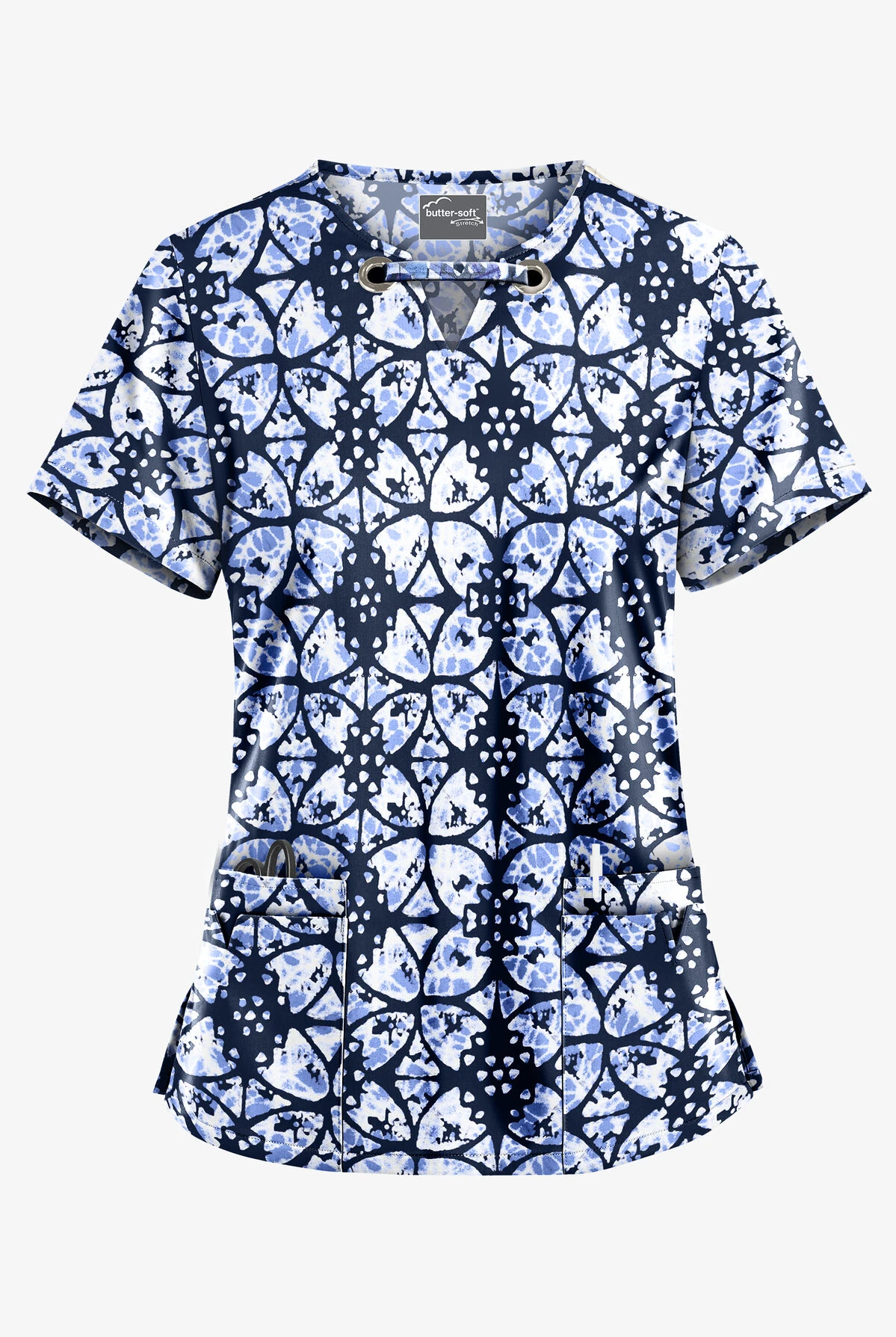 UA Butter-Soft STRETCH Desert Rose Navy Women's 4-Pocket Large Grommet Print Scrub Top 3 UA Butter-Soft STRETCH Desert Rose Navy Women's 4-Pocket Large Grommet Print Scrub Top