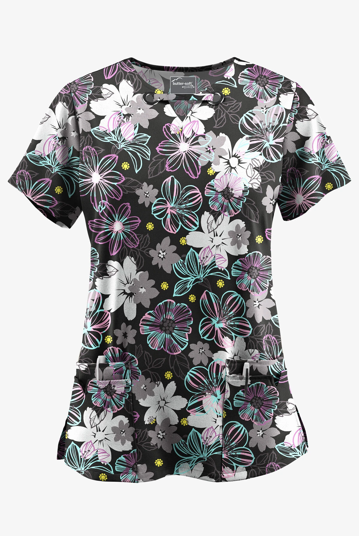 UA Butter-Soft STRETCH Floral Mirage Women's 4-Pocket Grommet Printed Scrub Top 3 UA Butter-Soft STRETCH Floral Mirage Women's 4-Pocket Grommet Printed Scrub Top