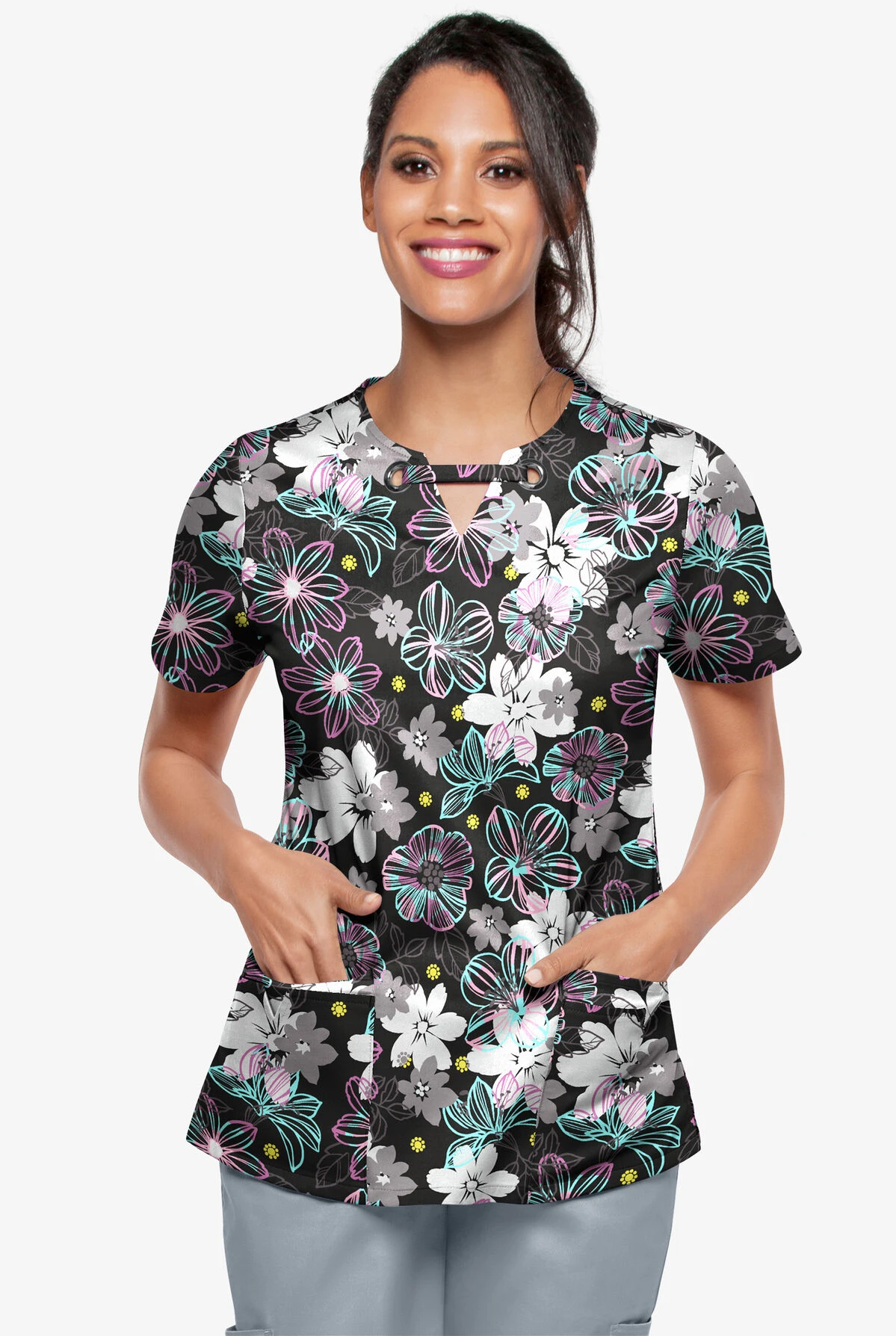 UA Butter-Soft STRETCH Floral Mirage Women's 4-Pocket Grommet Printed Scrub Top 4 UA Butter-Soft STRETCH Floral Mirage Women's 4-Pocket Grommet Printed Scrub Top - Image 2