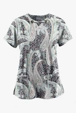 UA Butter-Soft STRETCH Floral Paisley Pewter Women's 4-Pocket Large Grommet Print Scrub Top