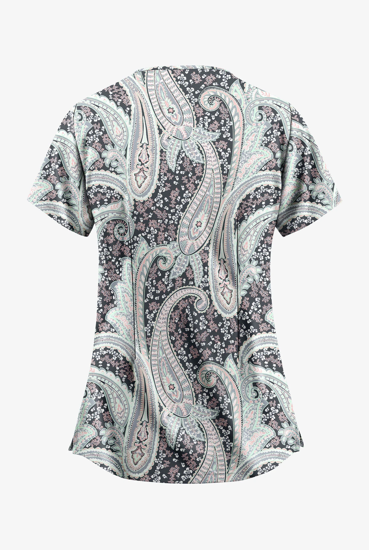 UA Butter-Soft STRETCH Floral Paisley Pewter Women's 4-Pocket Large Grommet Print Scrub Top 4 UA Butter-Soft STRETCH Floral Paisley Pewter Women's 4-Pocket Large Grommet Print Scrub Top - Image 2