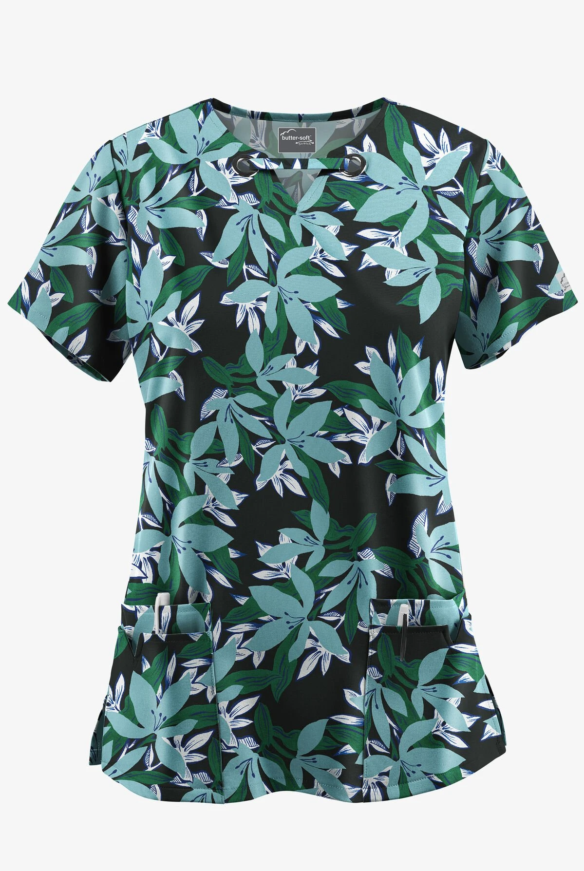 UA Butter-Soft STRETCH Happy Morning Floral Women’s 4-Pocket Grommet Neck Detail Printed Scrub Top 3 UA Butter-Soft STRETCH Happy Morning Floral Women’s 4-Pocket Grommet Neck Detail Printed Scrub Top