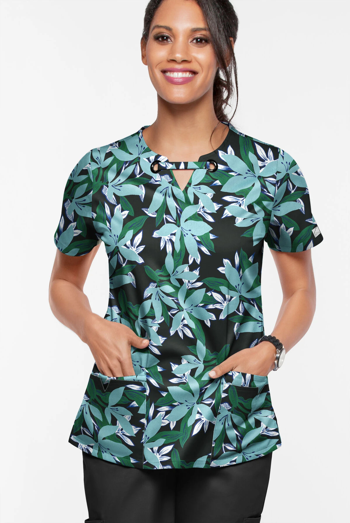 UA Butter-Soft STRETCH Happy Morning Floral Women’s 4-Pocket Grommet Neck Detail Printed Scrub Top 4 UA Butter-Soft STRETCH Happy Morning Floral Women’s 4-Pocket Grommet Neck Detail Printed Scrub Top - Image 2