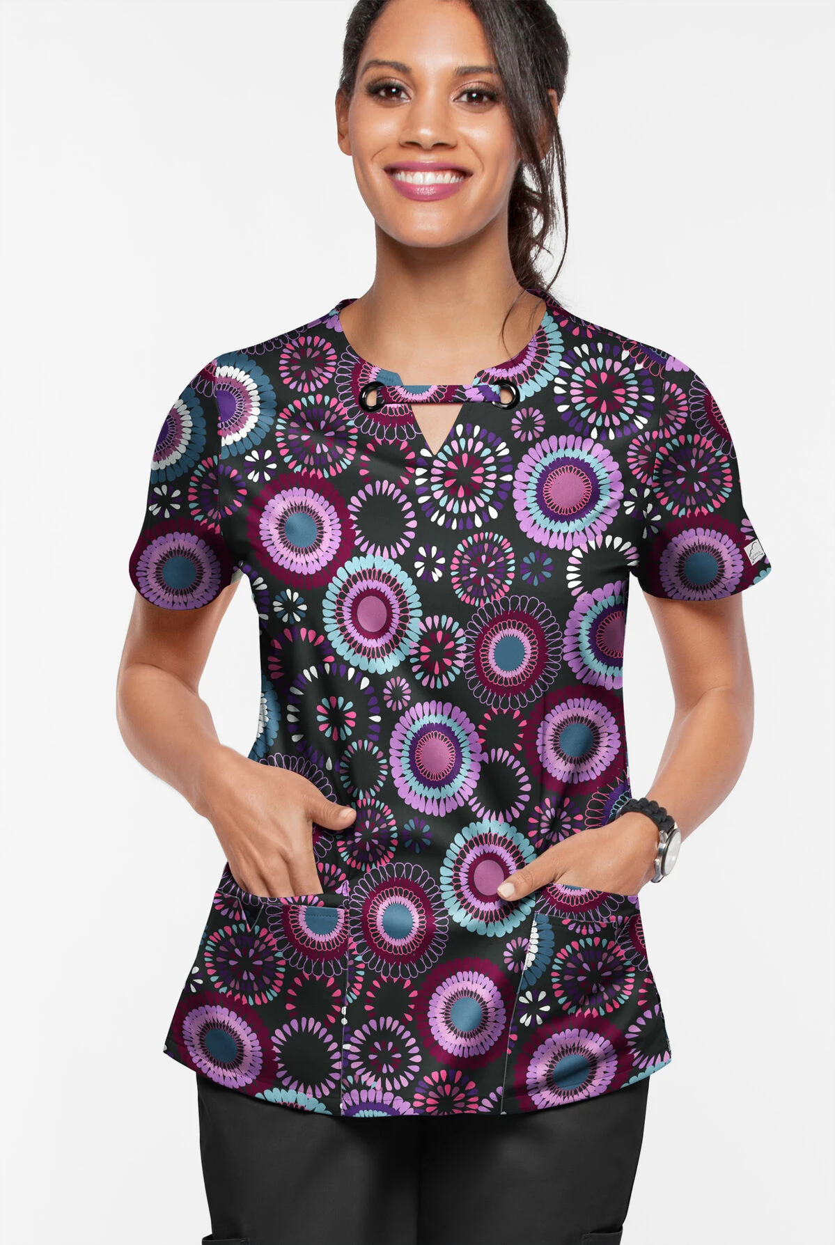UA Butter-Soft STRETCH Floral Women’s 4-Pocket Grommet Neck Detail Scrub Top 4 UA Butter-Soft STRETCH Floral Women’s 4-Pocket Grommet Neck Detail Scrub Top - Image 2