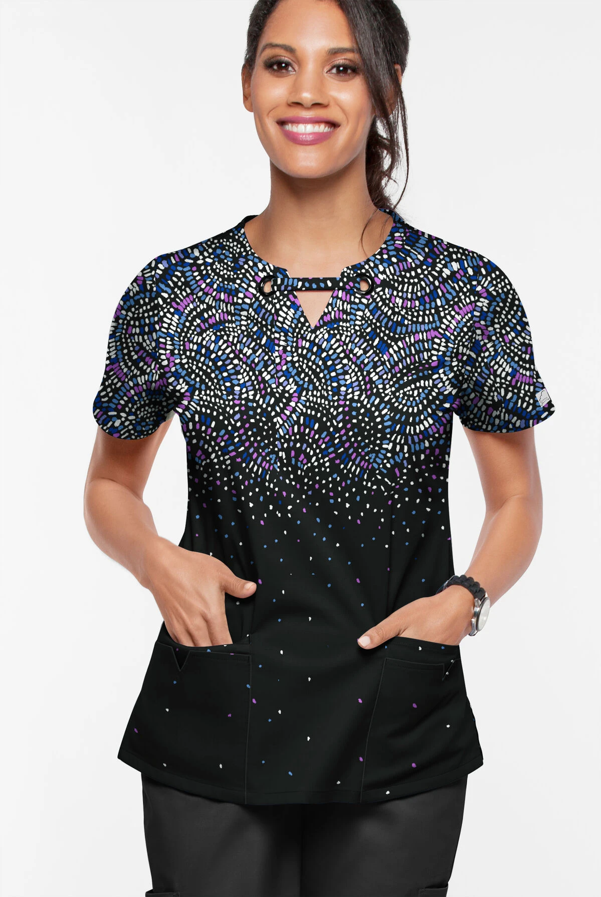 UA Butter-Soft STRETCH Roman Mosaic Women’s 4-Pocket Grommet Neck Detail Printed Scrub Top 4 UA Butter-Soft STRETCH Roman Mosaic Women’s 4-Pocket Grommet Neck Detail Printed Scrub Top - Image 2