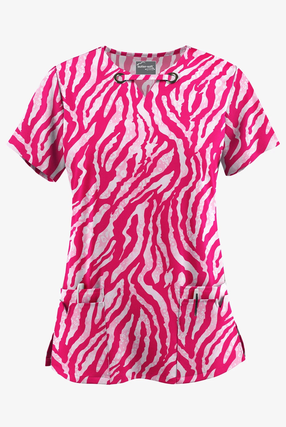 UA Butter-Soft STRETCH Tiger Fantasy Fuchsia Women's 4-Pocket Grommet Printed Scrub Top 3 UA Butter-Soft STRETCH Tiger Fantasy Fuchsia Women's 4-Pocket Grommet Printed Scrub Top