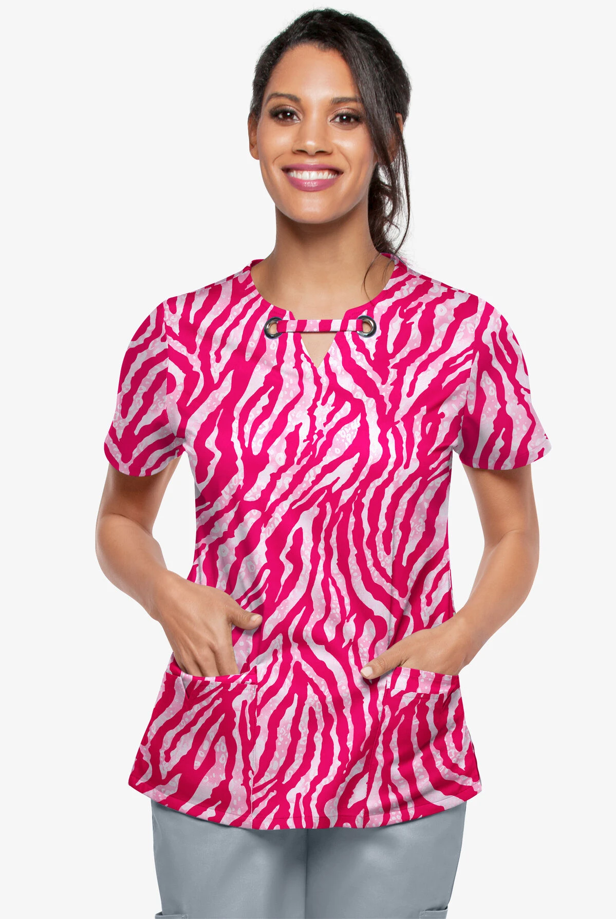 UA Butter-Soft STRETCH Tiger Fantasy Fuchsia Women's 4-Pocket Grommet Printed Scrub Top 4 UA Butter-Soft STRETCH Tiger Fantasy Fuchsia Women's 4-Pocket Grommet Printed Scrub Top - Image 2