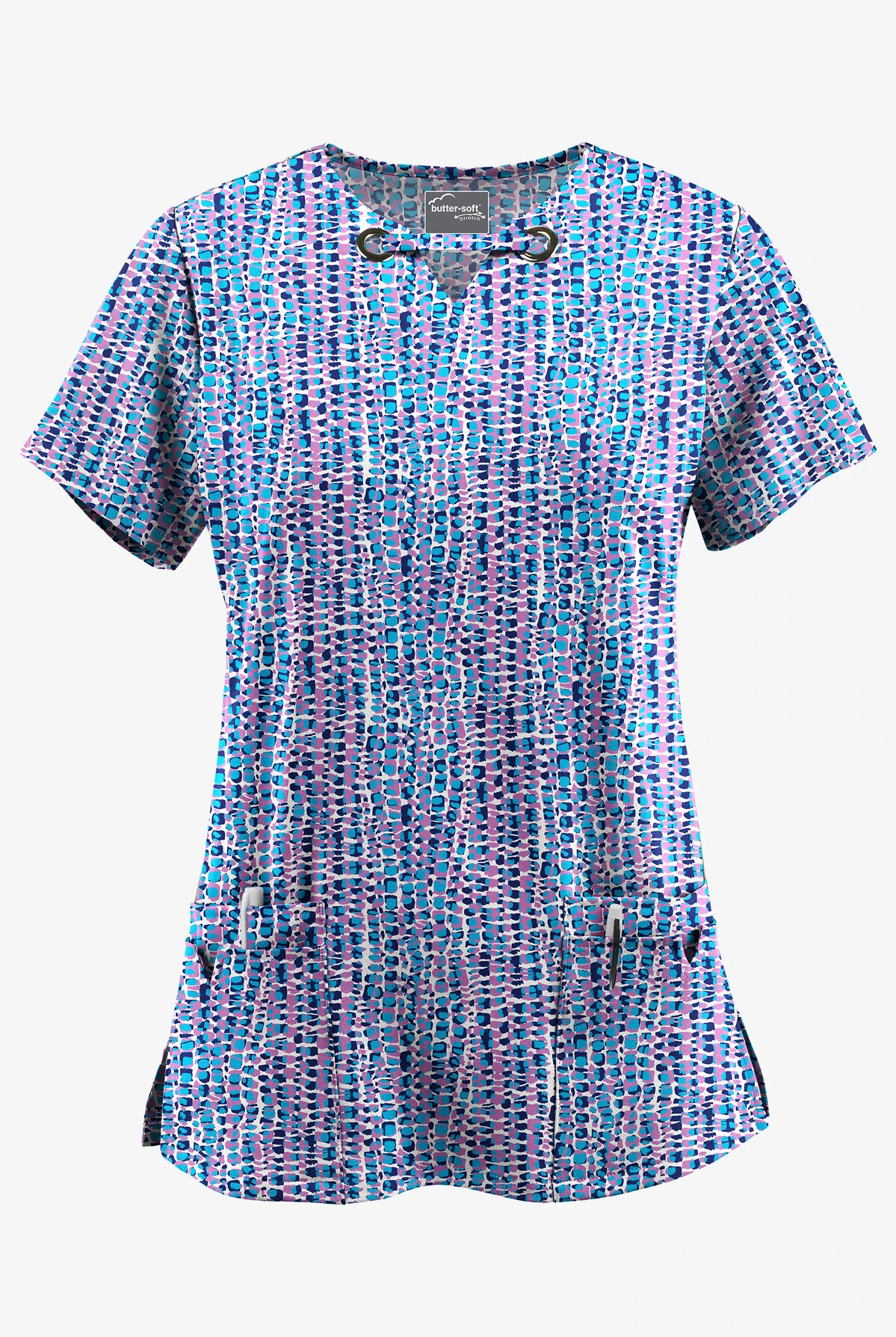 UA Butter-Soft STRETCH Urban Animal Orchid Women's 4-Pocket Grommet Printed Scrub Top 3 UA Butter-Soft STRETCH Urban Animal Orchid Women's 4-Pocket Grommet Printed Scrub Top