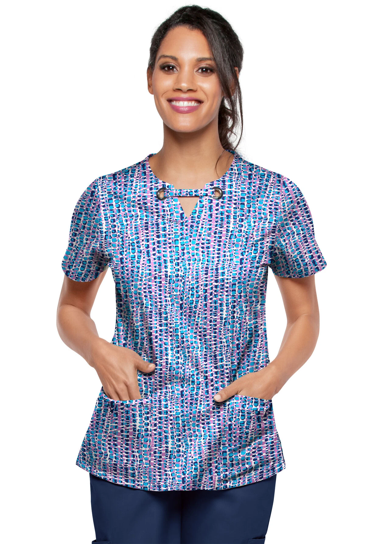UA Butter-Soft STRETCH Urban Animal Orchid Women's 4-Pocket Grommet Printed Scrub Top 4 UA Butter-Soft STRETCH Urban Animal Orchid Women's 4-Pocket Grommet Printed Scrub Top - Image 2