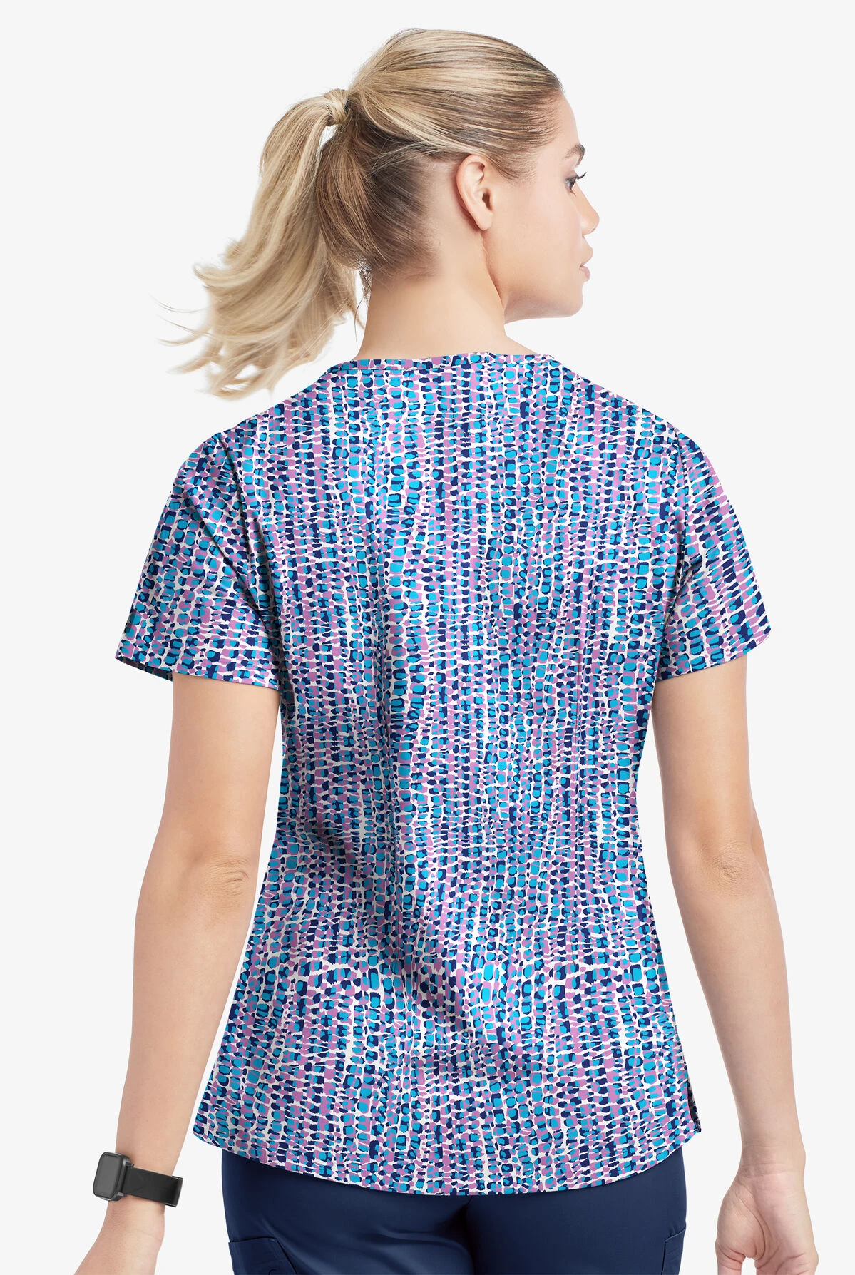 UA Butter-Soft STRETCH Urban Animal Orchid Women's 4-Pocket Grommet Printed Scrub Top 5 UA Butter-Soft STRETCH Urban Animal Orchid Women's 4-Pocket Grommet Printed Scrub Top - Image 3