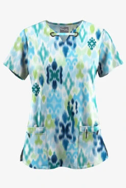 UA Butter-Soft STRETCH Varna Ikat Turquoise Women's 4-Pocket Grommet Printed Scrub Top