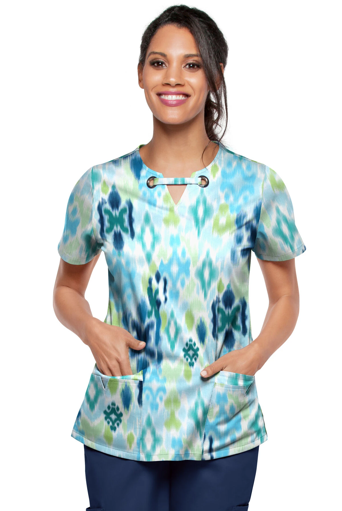 UA Butter-Soft STRETCH Varna Ikat Turquoise Women's 4-Pocket Grommet Printed Scrub Top 4 UA Butter-Soft STRETCH Varna Ikat Turquoise Women's 4-Pocket Grommet Printed Scrub Top - Image 2