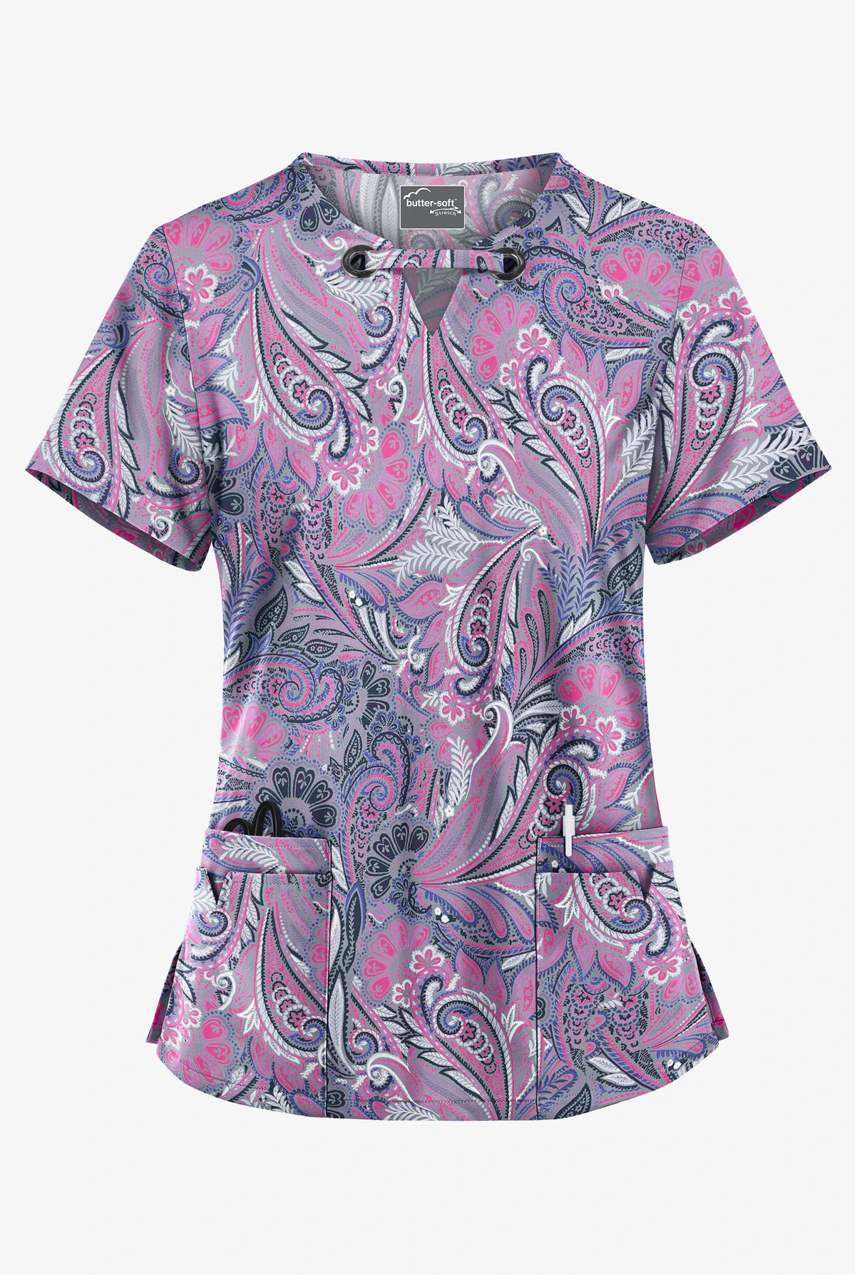 UA Butter-Soft STRETCH Vienna Paisley Silver Women's 4-Pocket Large Grommet Print Scrub Top 3 UA Butter-Soft STRETCH Vienna Paisley Silver Women's 4-Pocket Large Grommet Print Scrub Top