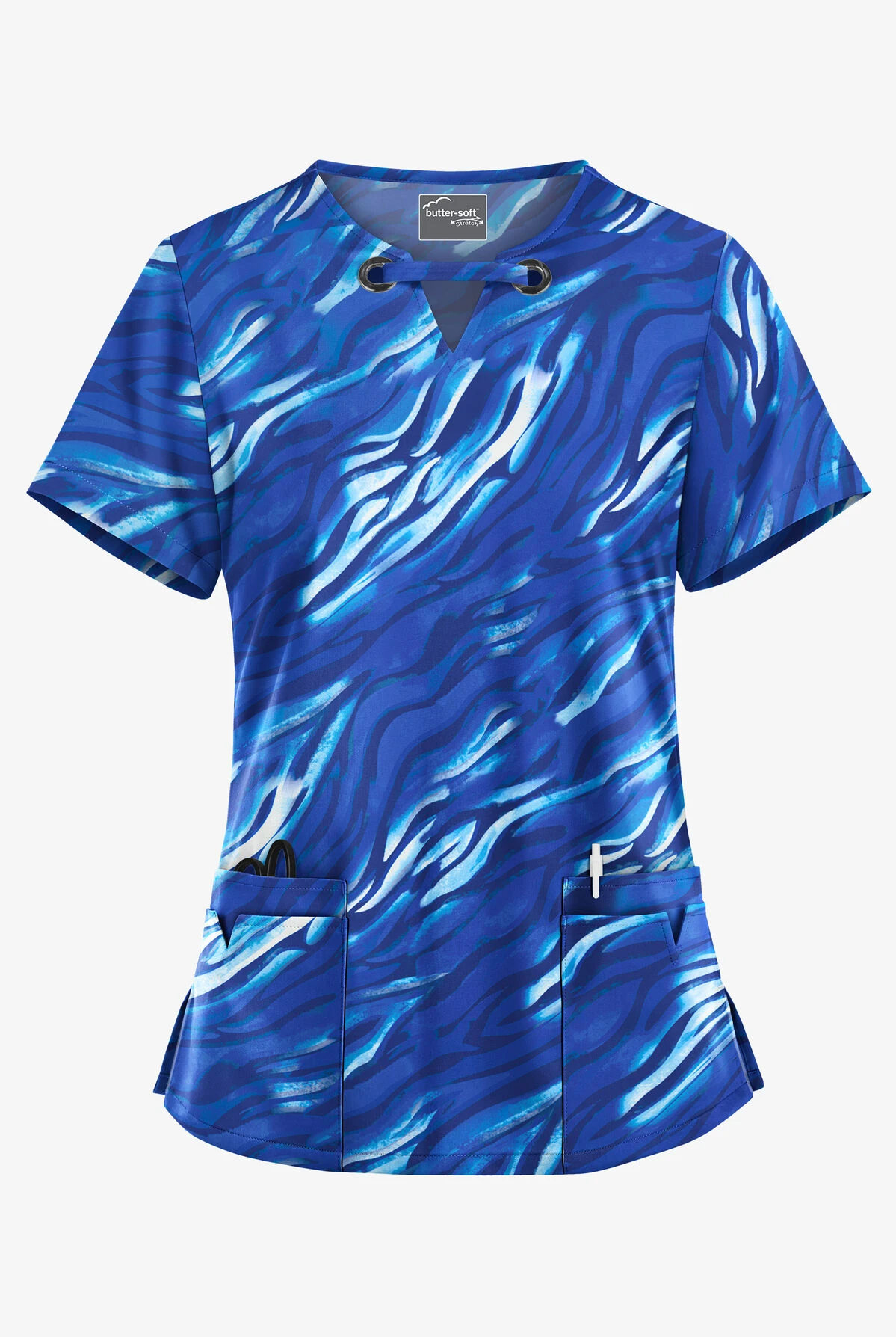 UA Butter-Soft STRETCH Wild Striped Amparo Blue Women's 4-Pocket Large Grommet Print Scrub Top 3 UA Butter-Soft STRETCH Wild Striped Amparo Blue Women's 4-Pocket Large Grommet Print Scrub Top