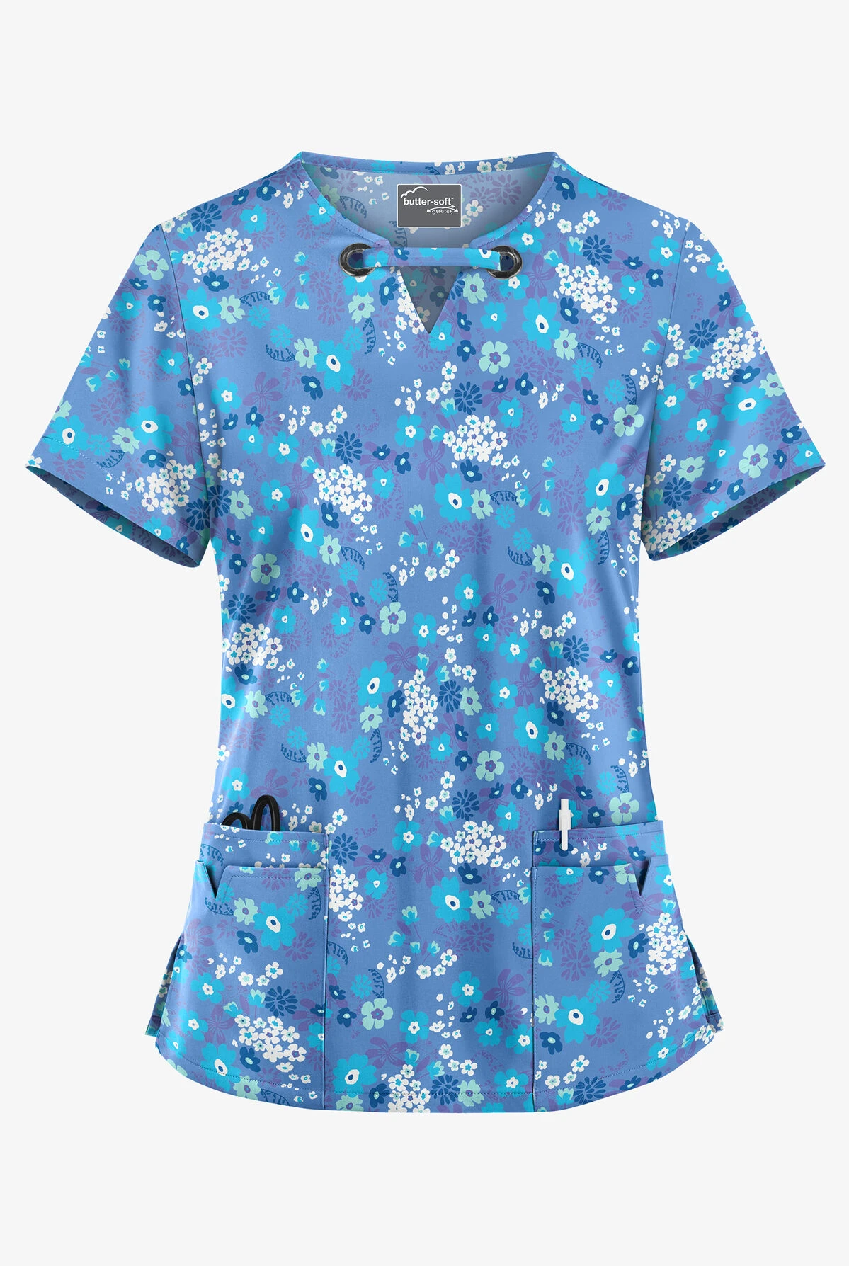 UA Butter-Soft STRETCH Whispering Floral Ceil Women's 4-Pocket Large Grommet Print Scrub Top 3 UA Butter-Soft STRETCH Whispering Floral Ceil Women's 4-Pocket Large Grommet Print Scrub Top