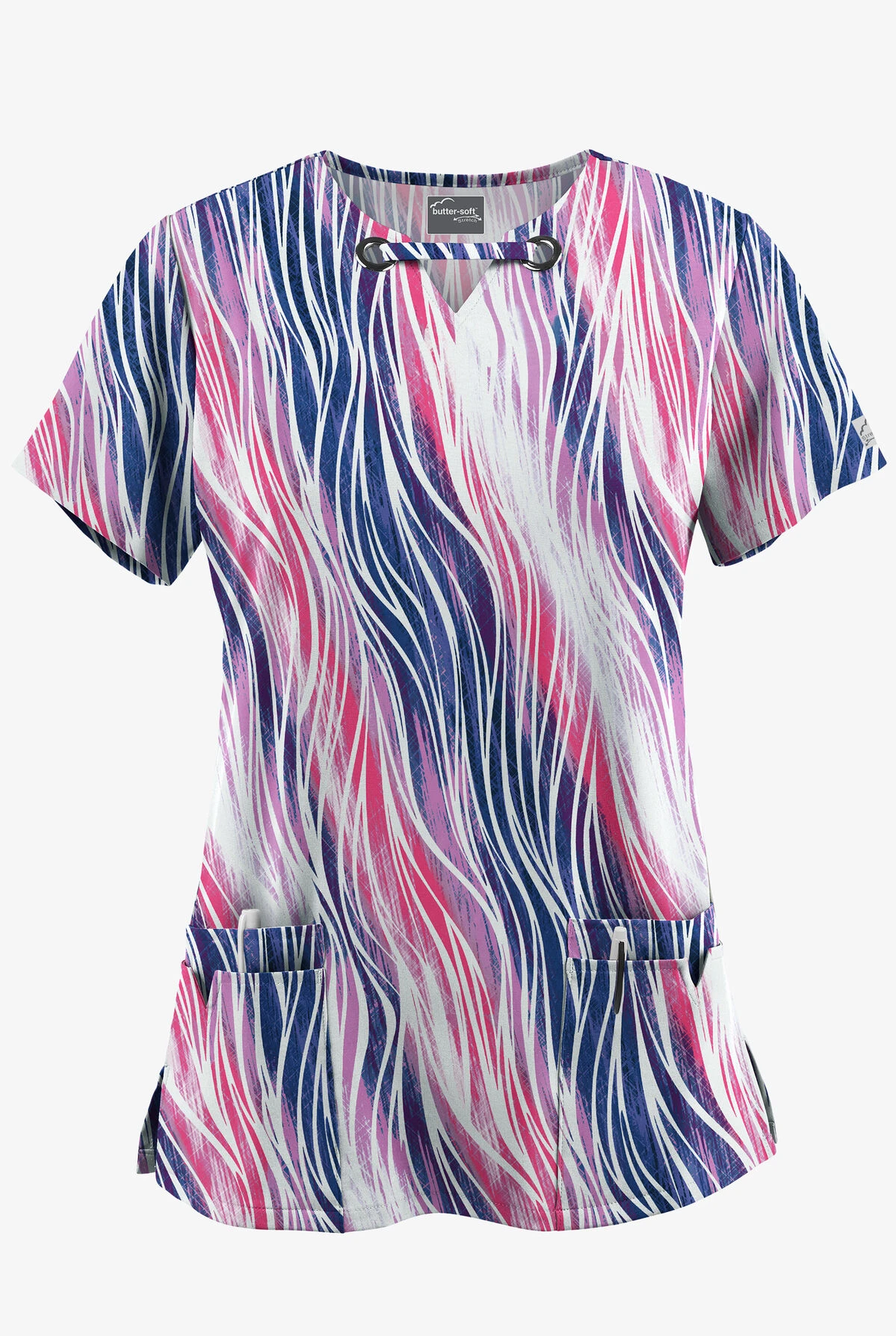 UA Butter-Soft STRETCH Water Waves Fuchsia Women’s 4-Pocket Grommet Neck Detail Printed Scrub Top 3 UA Butter-Soft STRETCH Water Waves Fuchsia Women’s 4-Pocket Grommet Neck Detail Printed Scrub Top