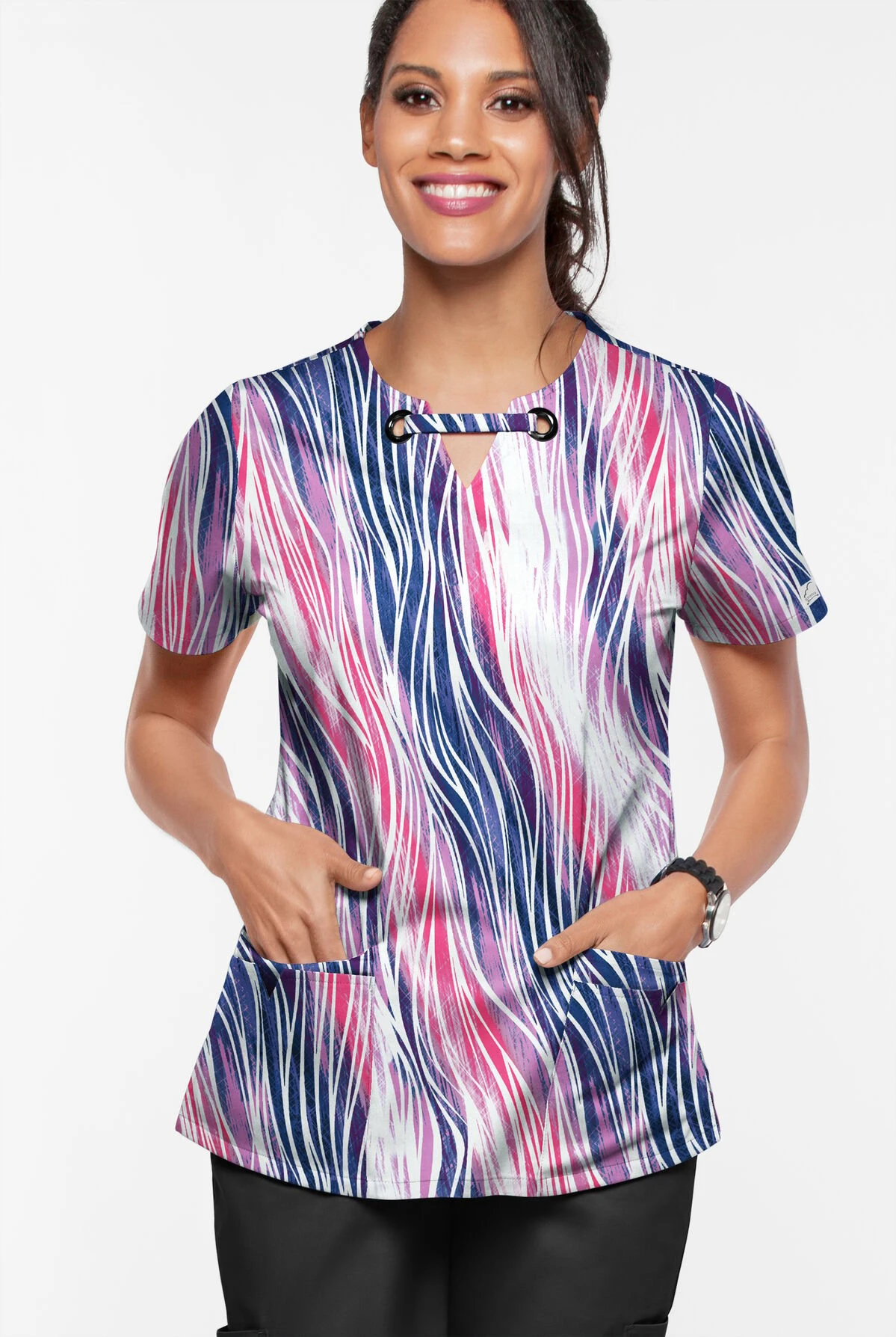 UA Butter-Soft STRETCH Water Waves Fuchsia Women’s 4-Pocket Grommet Neck Detail Printed Scrub Top 4 UA Butter-Soft STRETCH Water Waves Fuchsia Women’s 4-Pocket Grommet Neck Detail Printed Scrub Top - Image 2