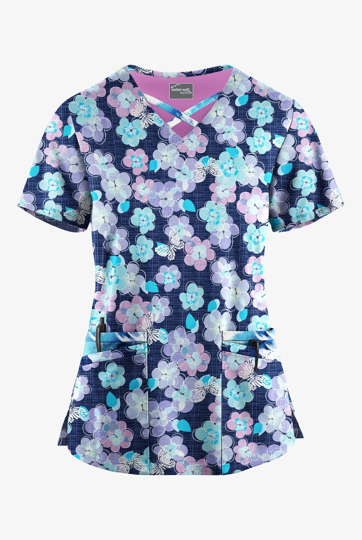 Butter-Soft STRETCH Bloom Butterflies & Belize Ikat Womens 4-Pocket Crisscross Mixed Print Scrub Top 3 Butter-Soft STRETCH Bloom Butterflies & Belize Ikat Womens 4-Pocket Crisscross Mixed Print Scrub Top