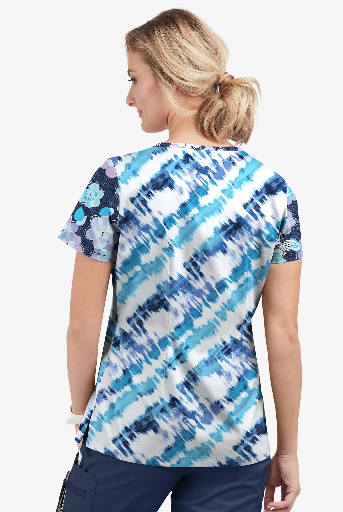 Butter-Soft STRETCH Bloom Butterflies & Belize Ikat Womens 4-Pocket Crisscross Mixed Print Scrub Top 4 Butter-Soft STRETCH Bloom Butterflies & Belize Ikat Womens 4-Pocket Crisscross Mixed Print Scrub Top - Image 2