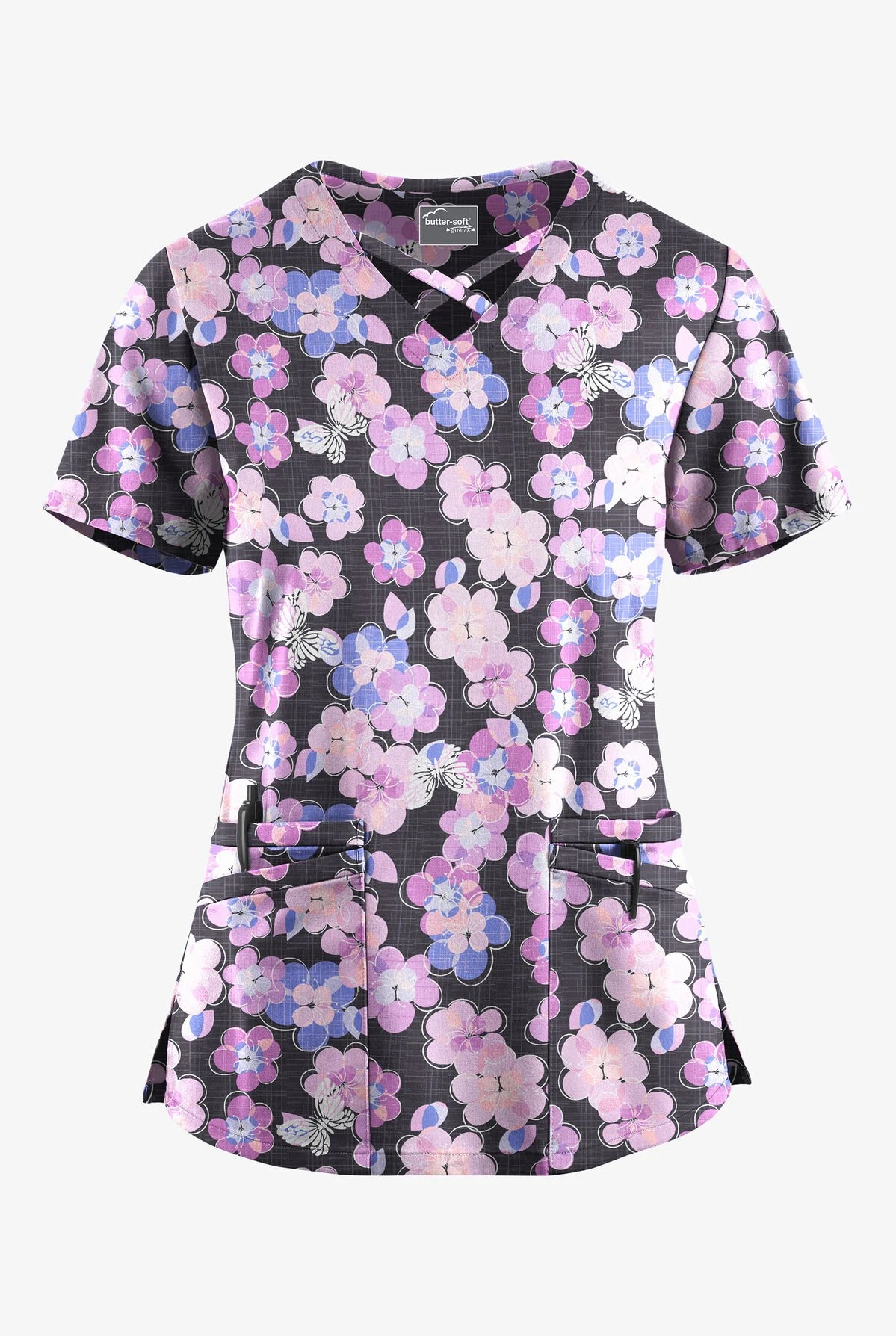 UA Butter-Soft STRETCH Blooms And Butterflies Pewter Women's 4-Pocket Crisscross Printed Scrub Top 3 UA Butter-Soft STRETCH Blooms And Butterflies Pewter Women's 4-Pocket Crisscross Printed Scrub Top