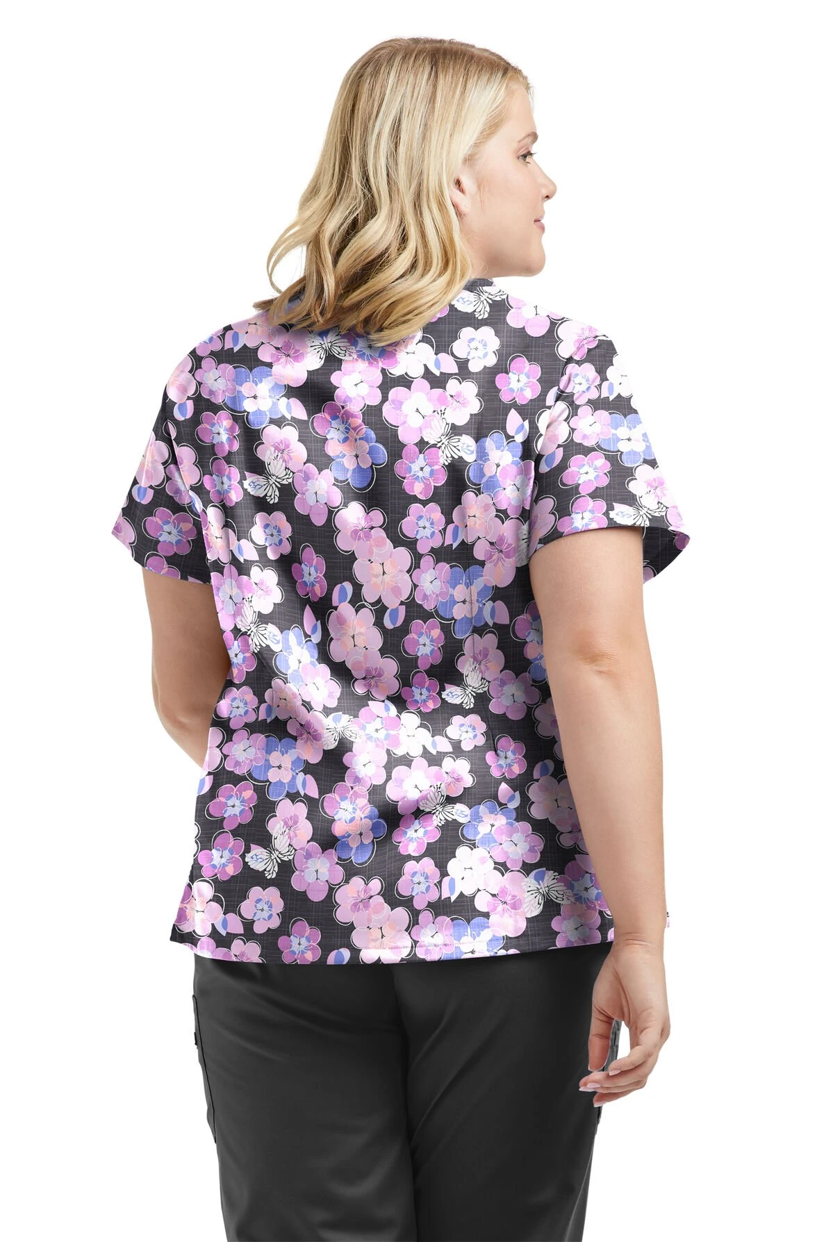 UA Butter-Soft STRETCH Blooms And Butterflies Pewter Women's 4-Pocket Crisscross Printed Scrub Top 5 UA Butter-Soft STRETCH Blooms And Butterflies Pewter Women's 4-Pocket Crisscross Printed Scrub Top - Image 3